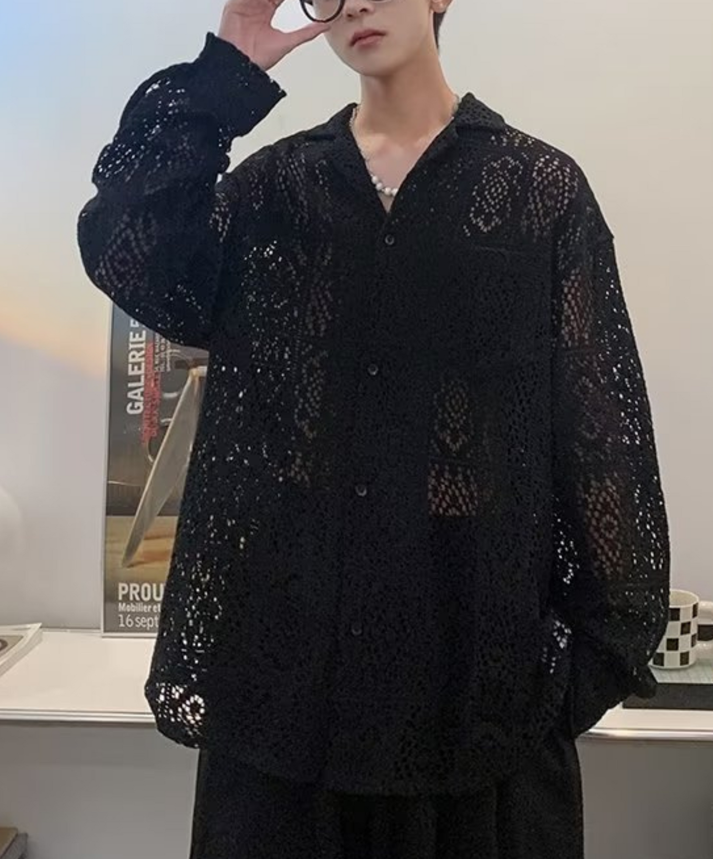 dark crochet lace shirt EN1053