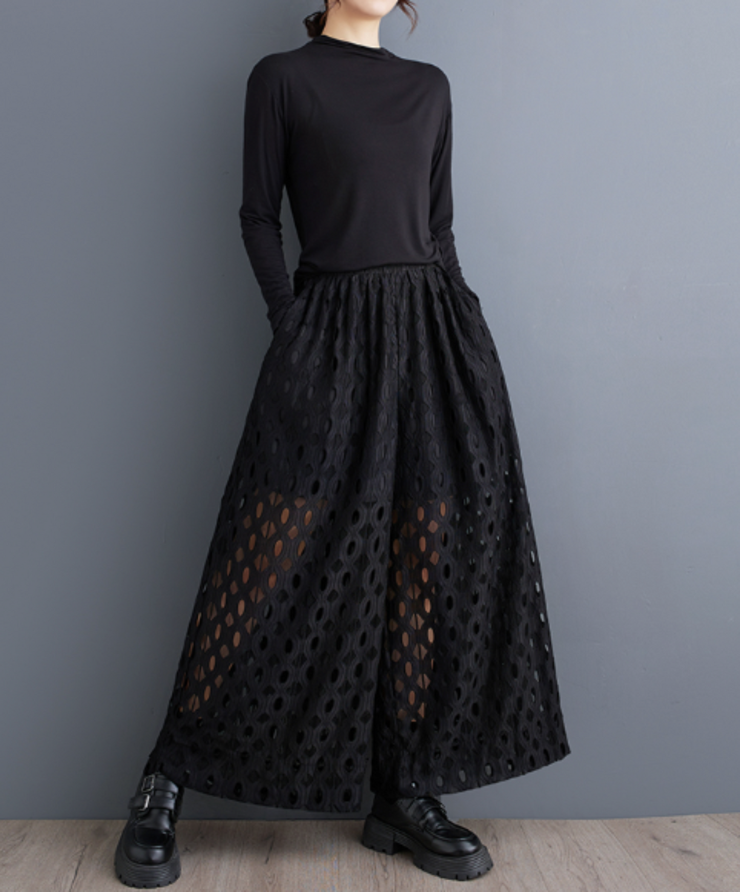 dark solid lace wide leg hakama pants EN2180