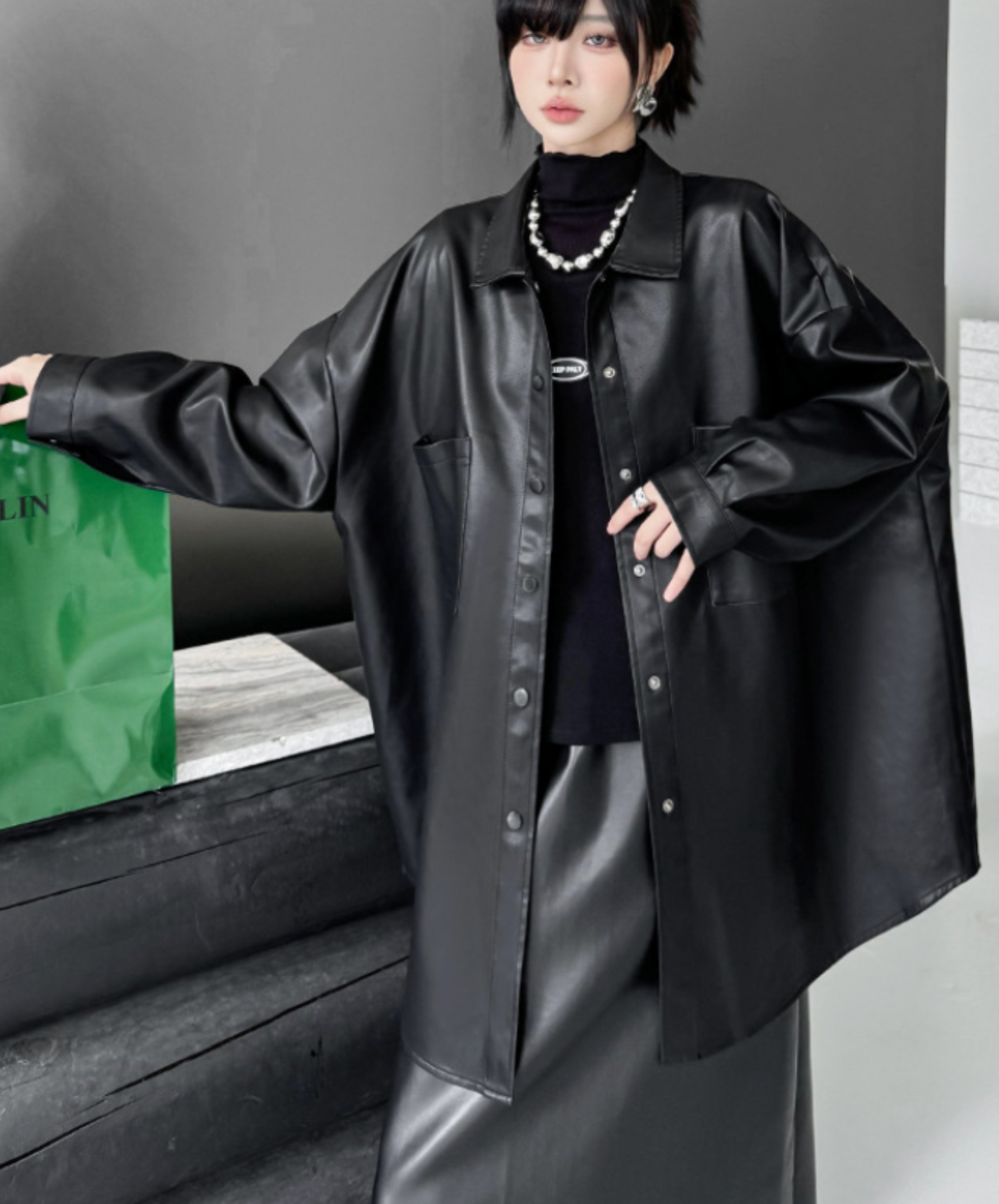 pu leather loose shirt EN2467