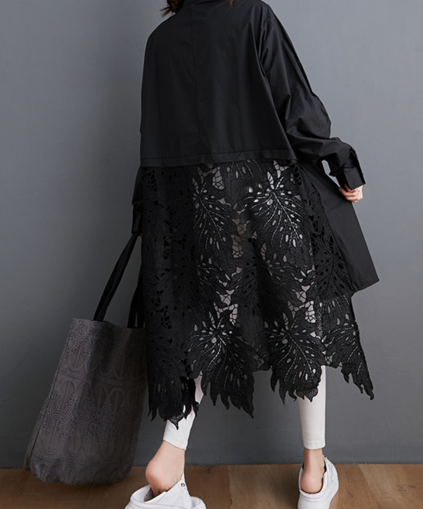 leaf motif lace fishtail long shirt EN2294