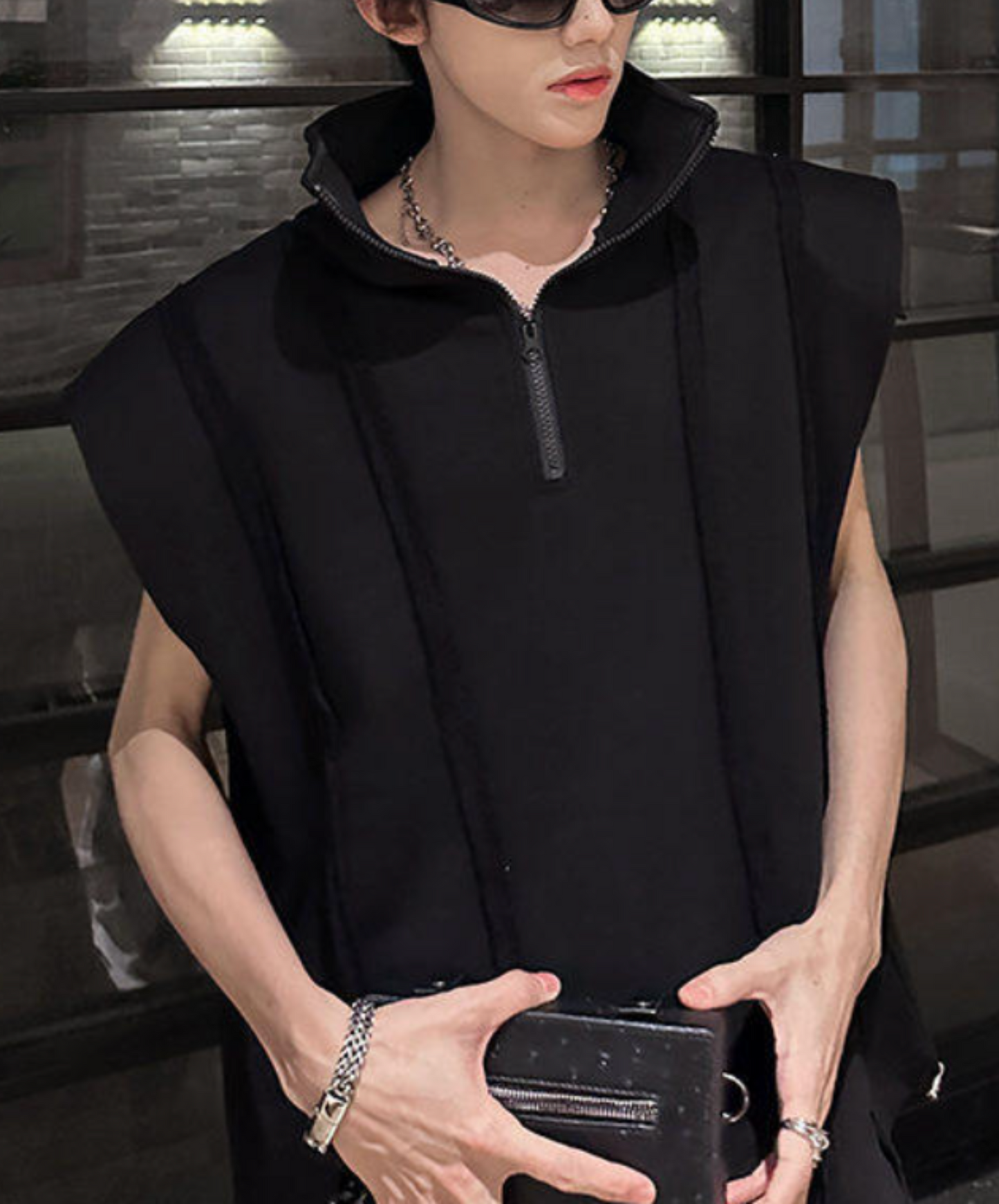 retro stripe half zip stand collar sleeveless shirt EN2193