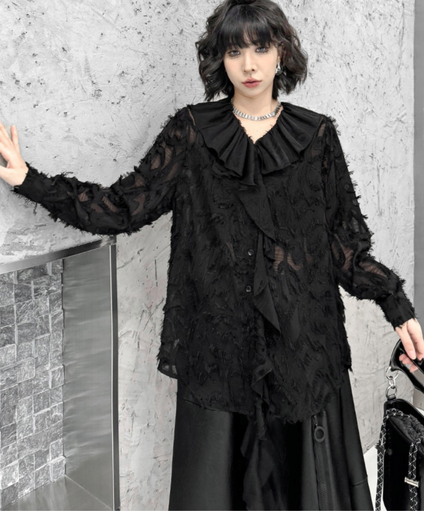 dark fringe lace & frills sheer shirt EN2318