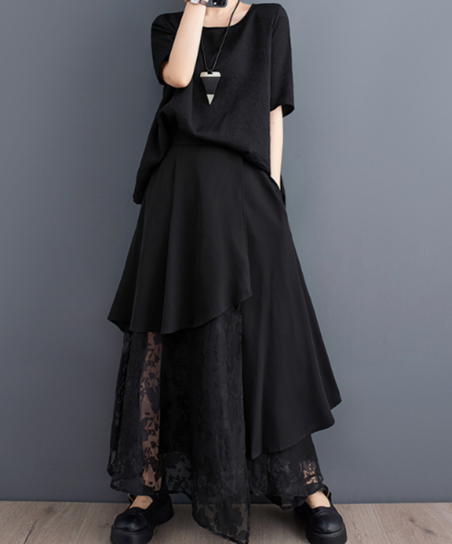 mixed material lacy a-line long skirt EN1957