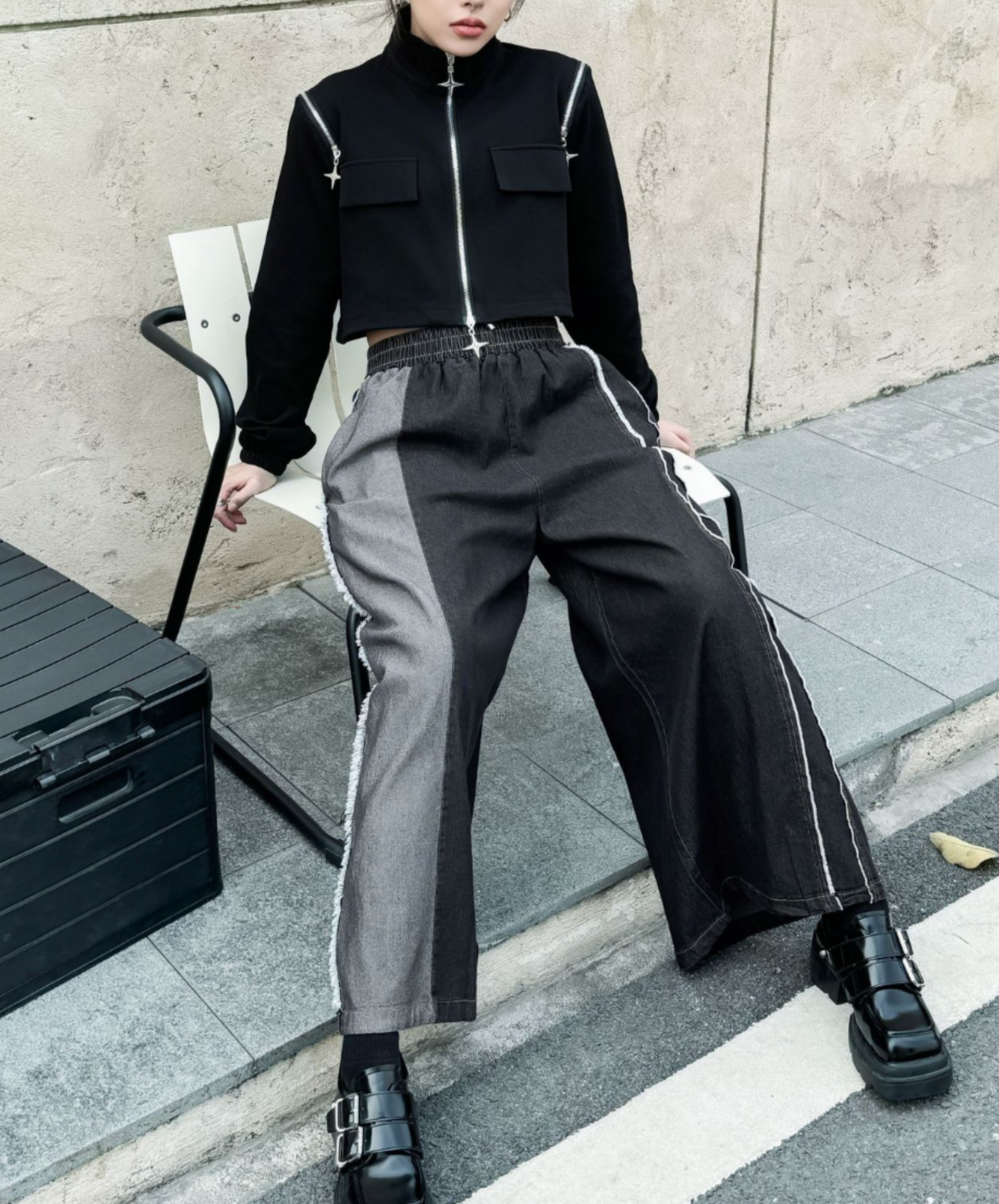 double white & fringe line wide pants EN2305