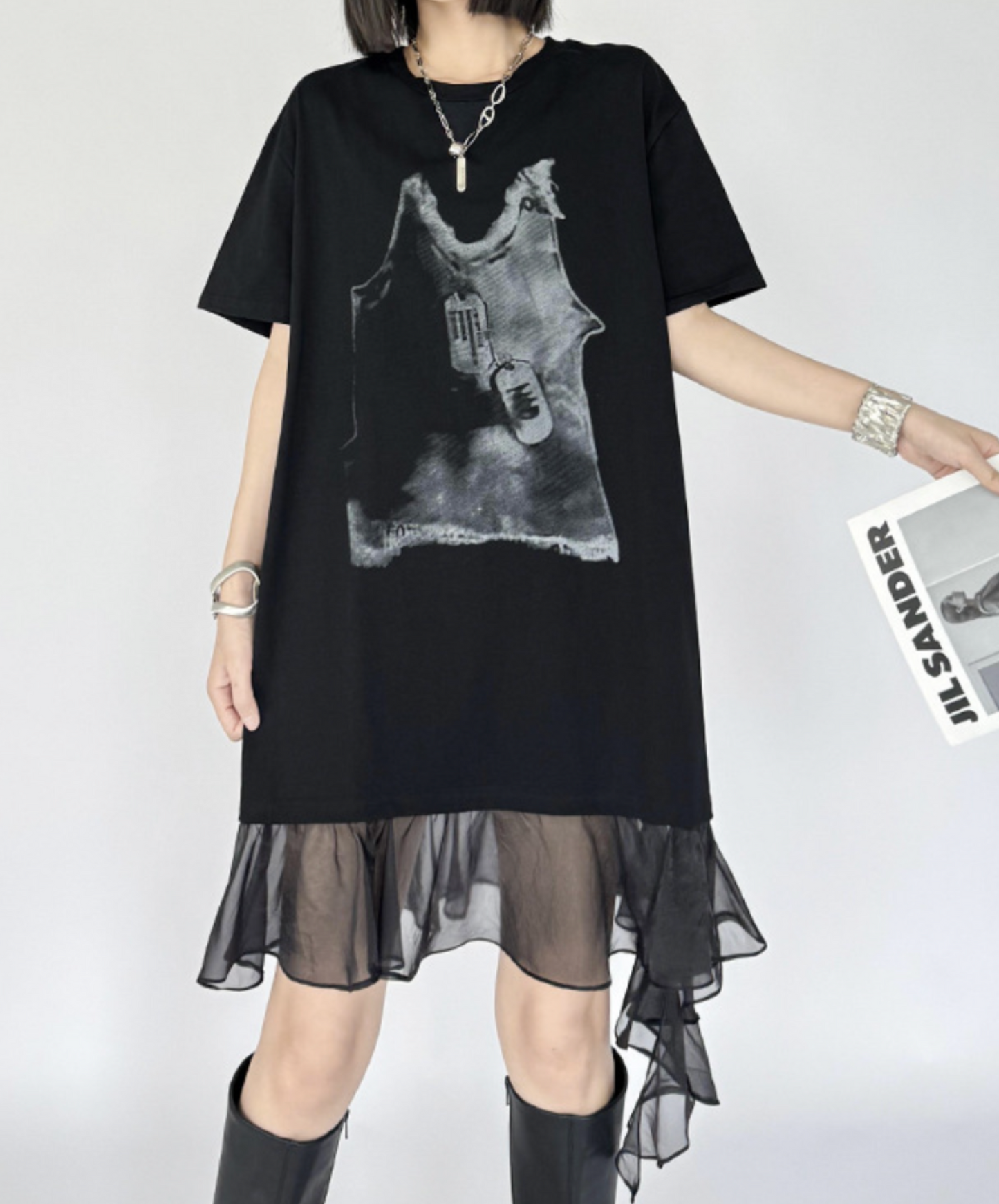 tulle ribbon print at hem t-shirt EN2307
