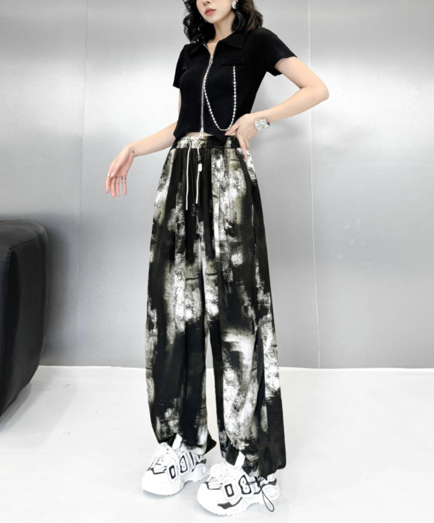 dark splicing drawstring pants EN2337
