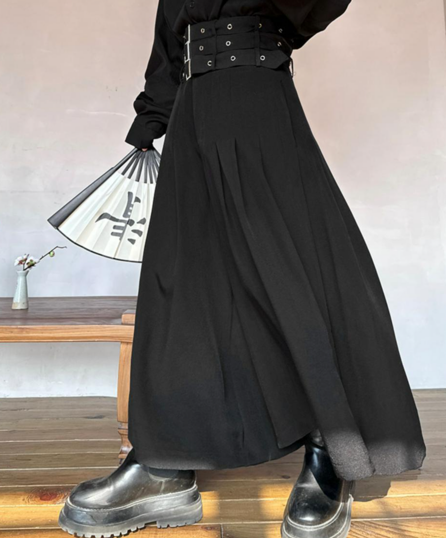 wide leg with three-stage belt long pants EN1526