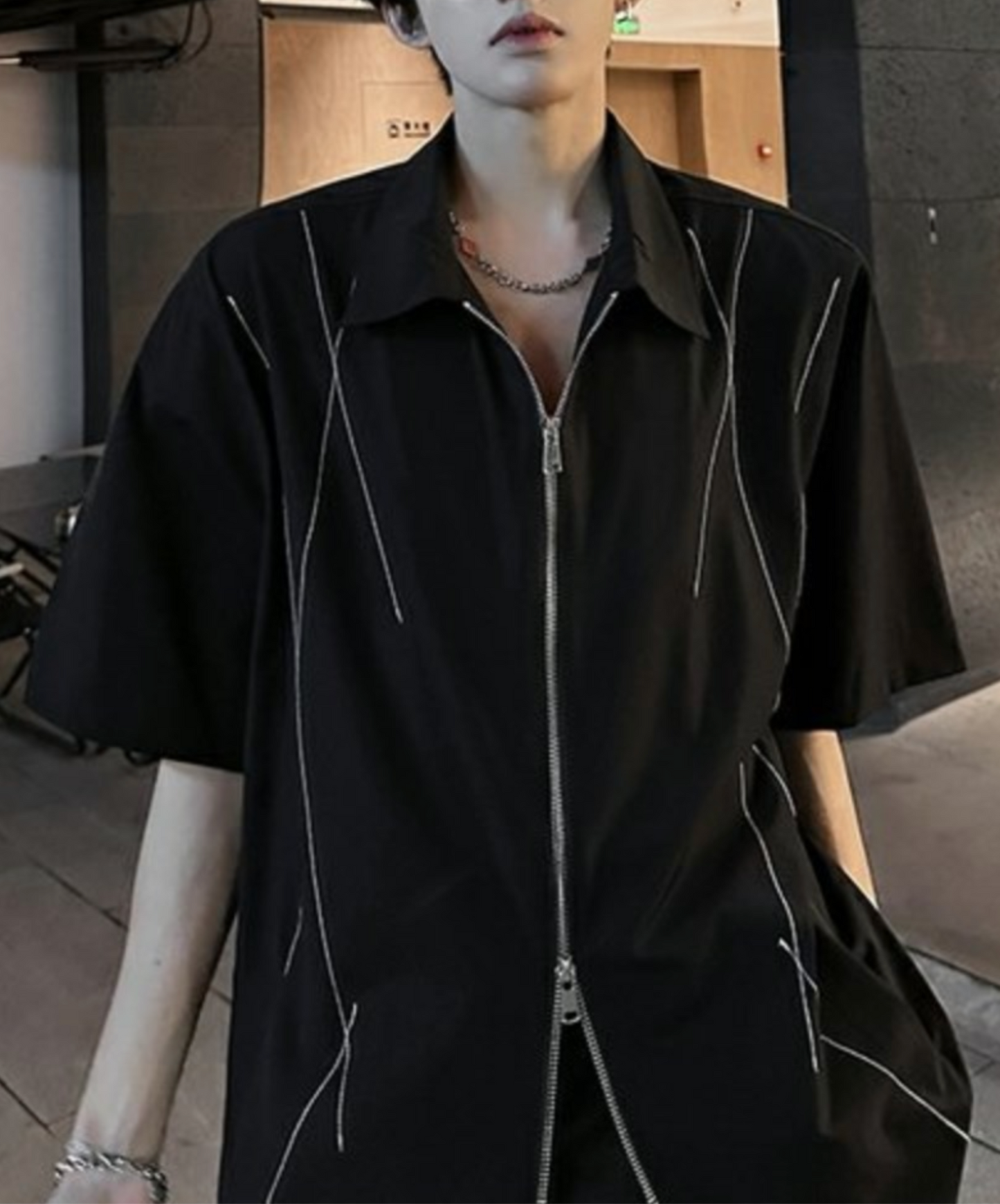 dark white line double zipper shirt EN2078