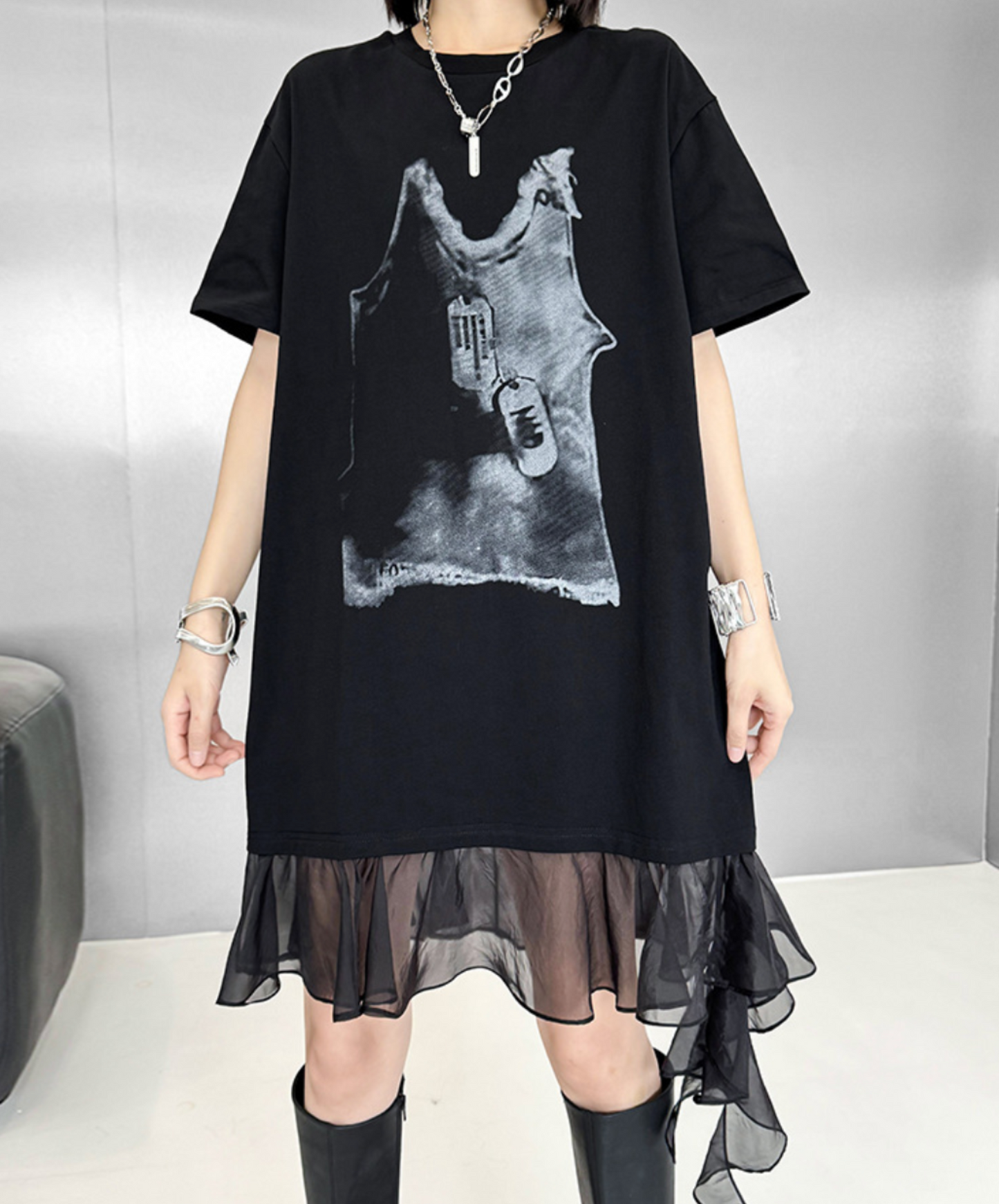 tulle ribbon print at hem t-shirt EN2307