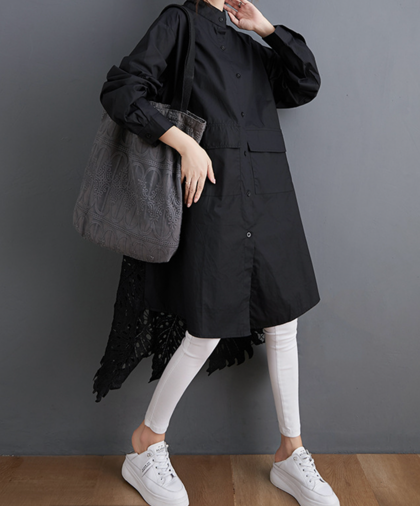 leaf motif lace fishtail long shirt EN2294