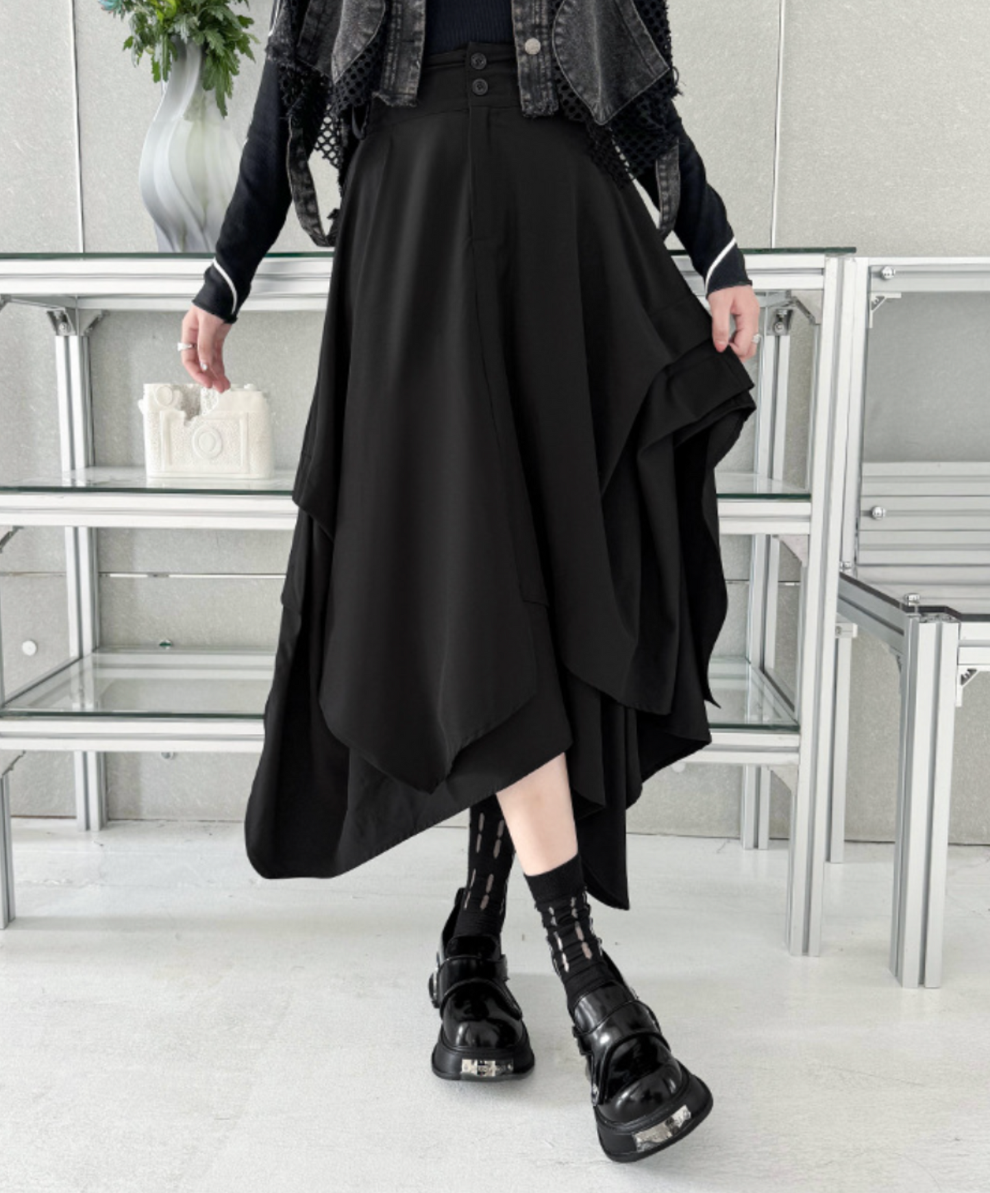 dark asymmetric drape buttons skirt EN2330