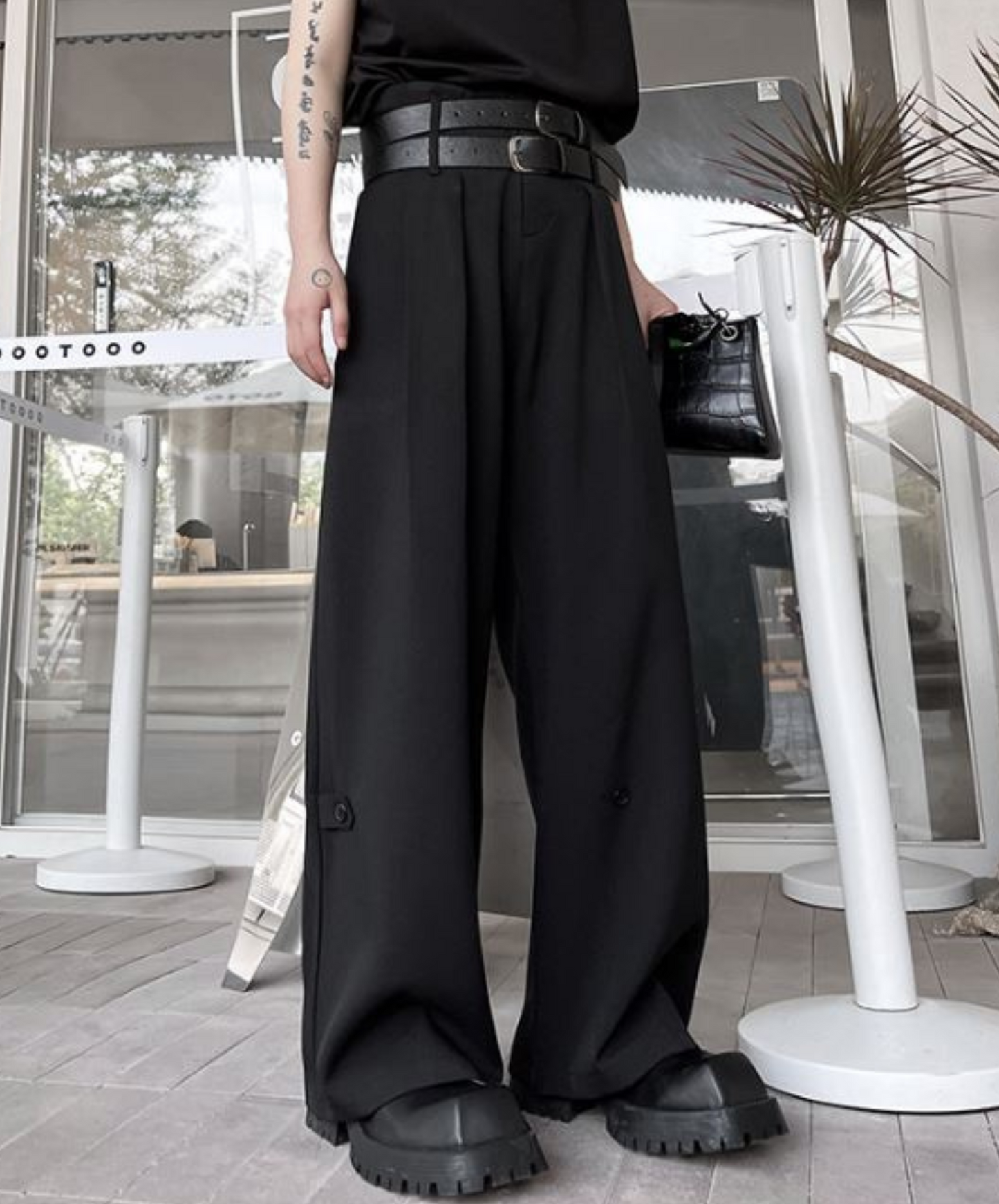dark twin belt slacks pants EN977