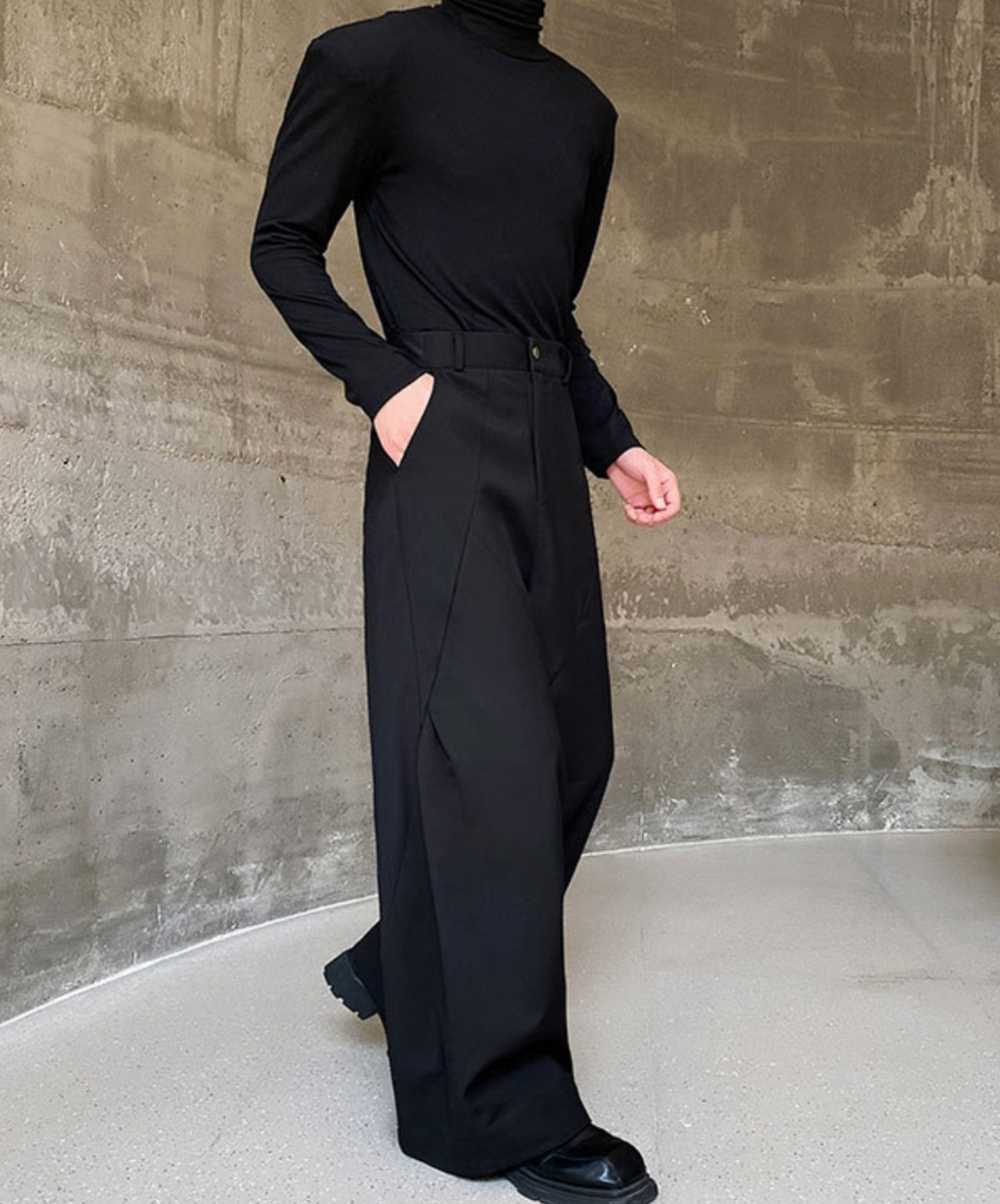 pleated stitch design straight wide pants EN1402