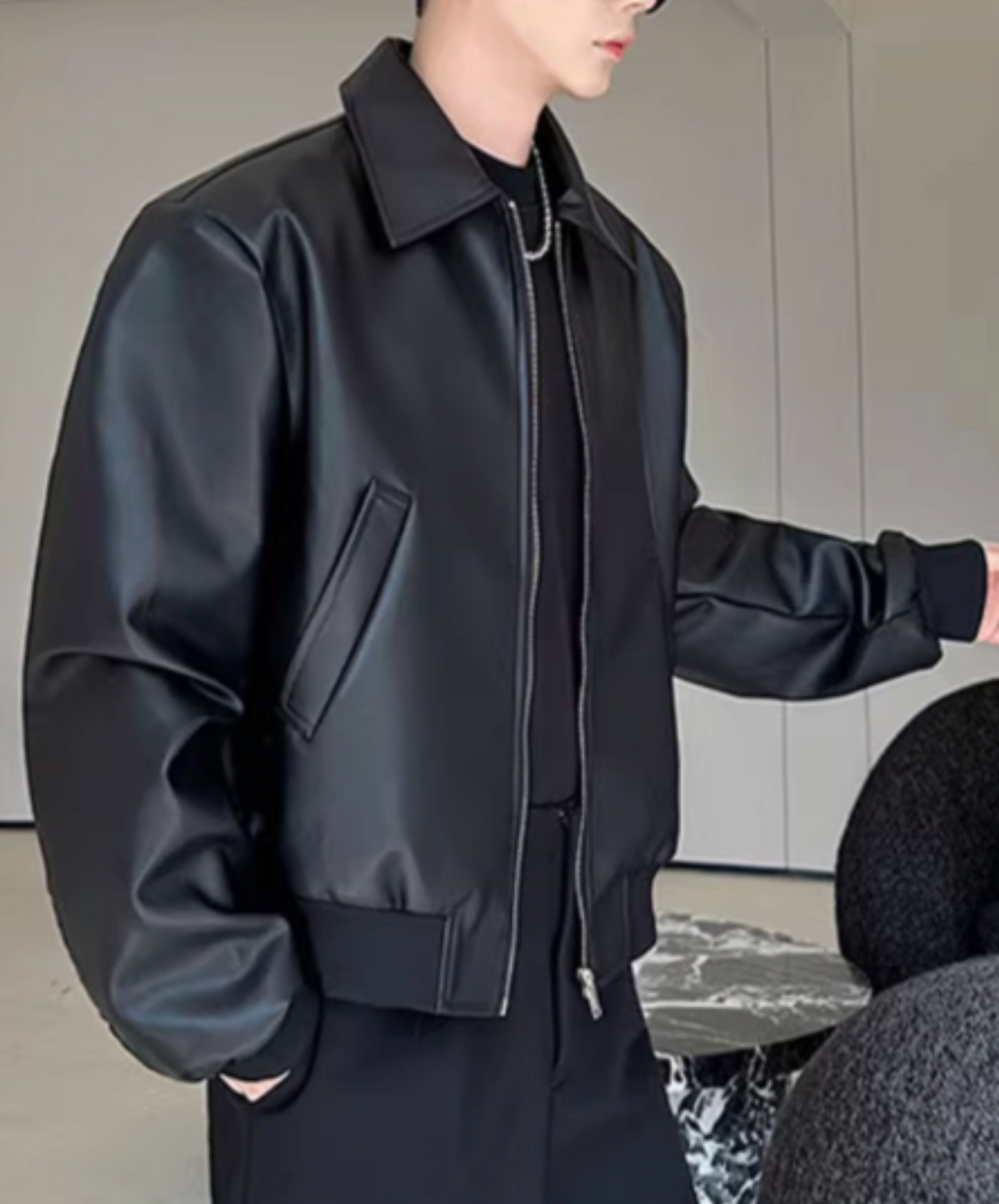 pu leather rib jacket EN2462