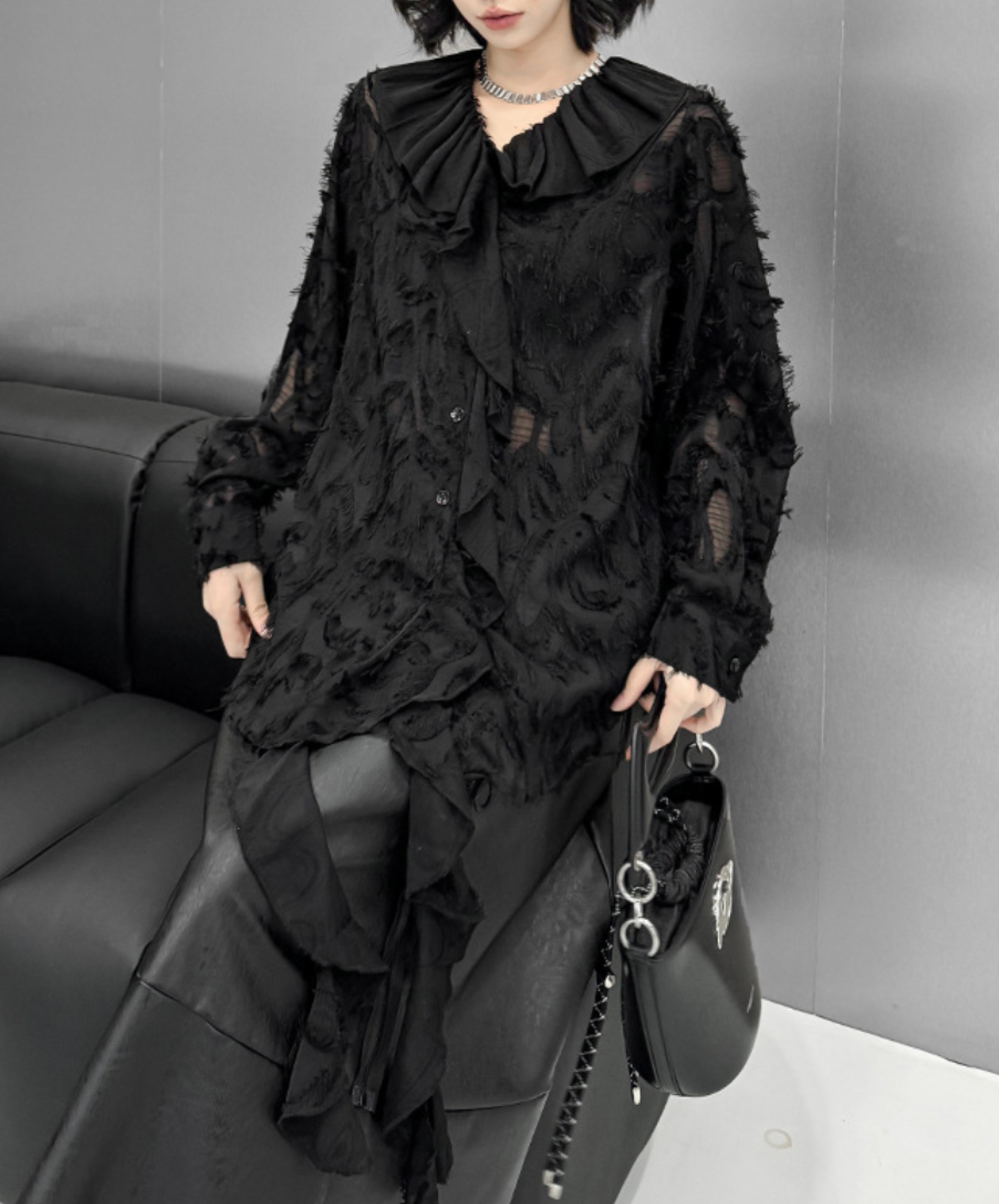 dark fringe lace & frills sheer shirt EN2318