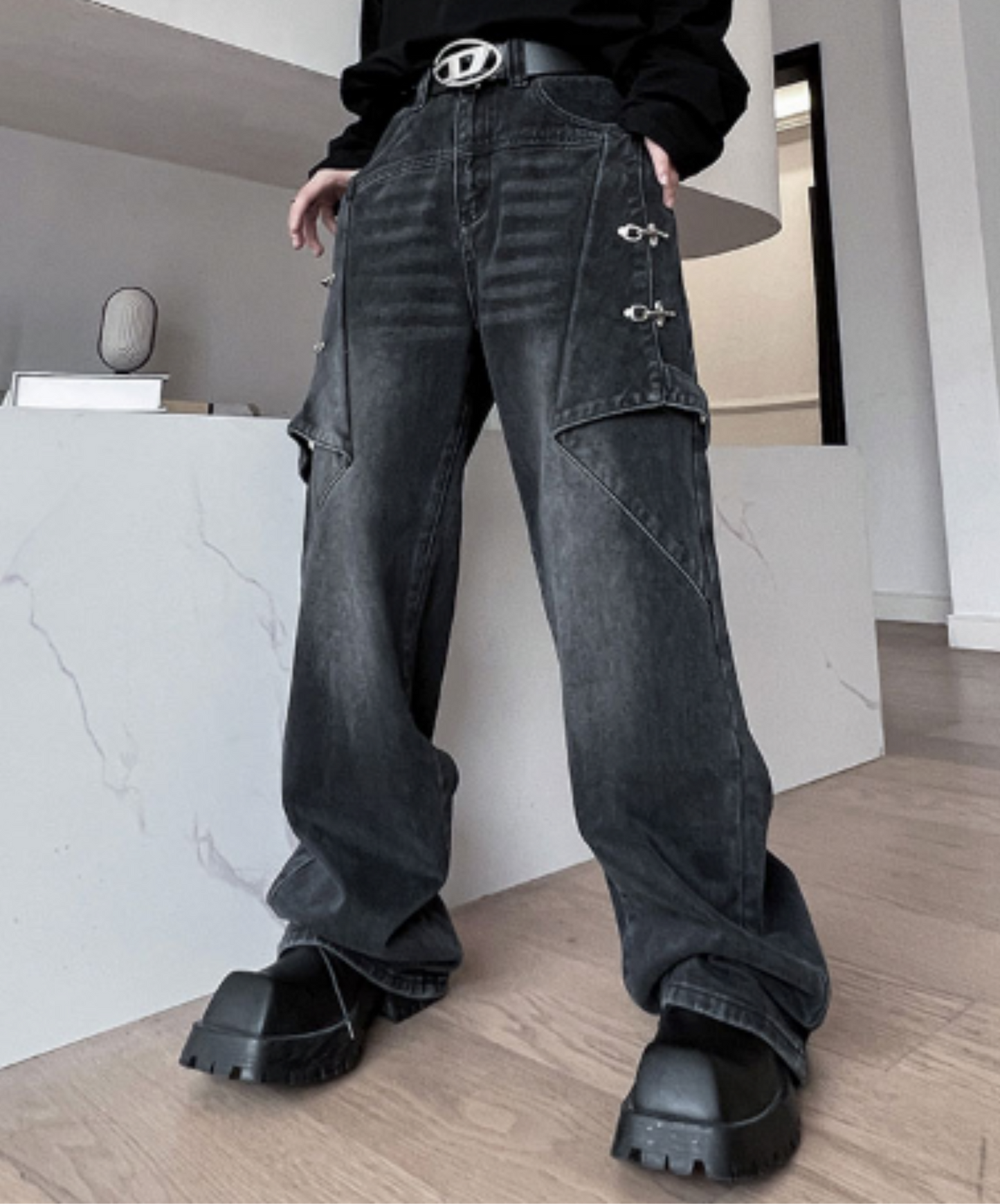 american retro distressed wash denim pants EN2118
