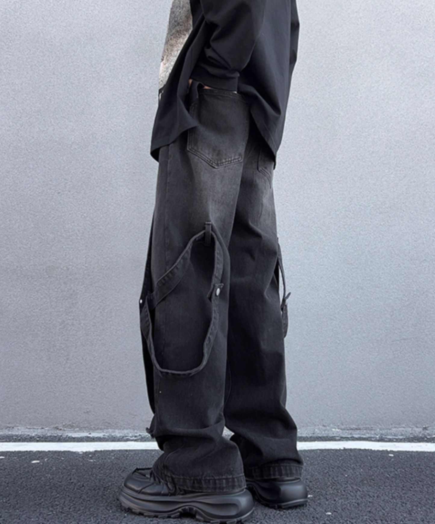 side belt decoration denim pants EN1874