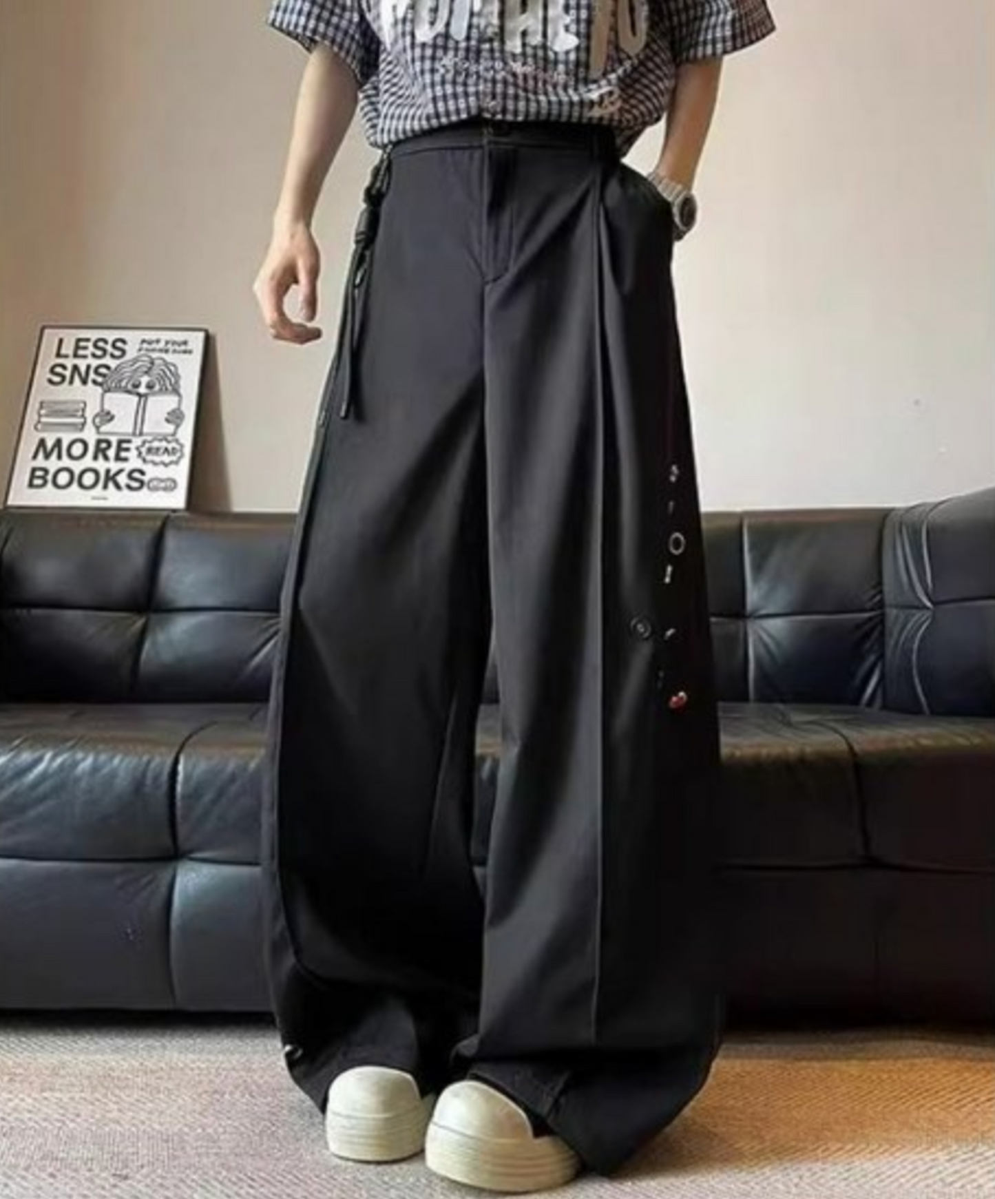 random button decorative drape wide pants EN2293