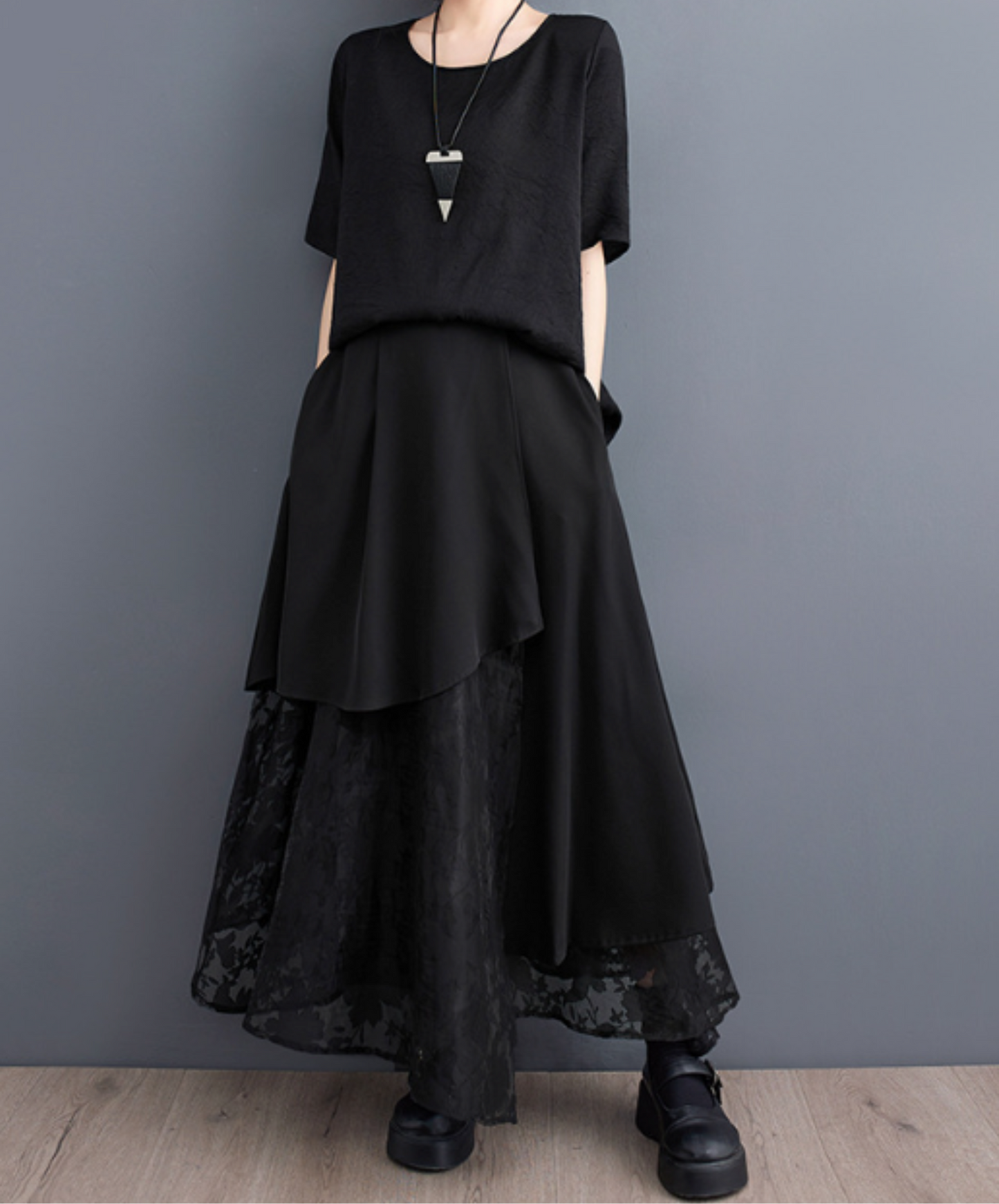 mixed material lacy a-line long skirt EN1957