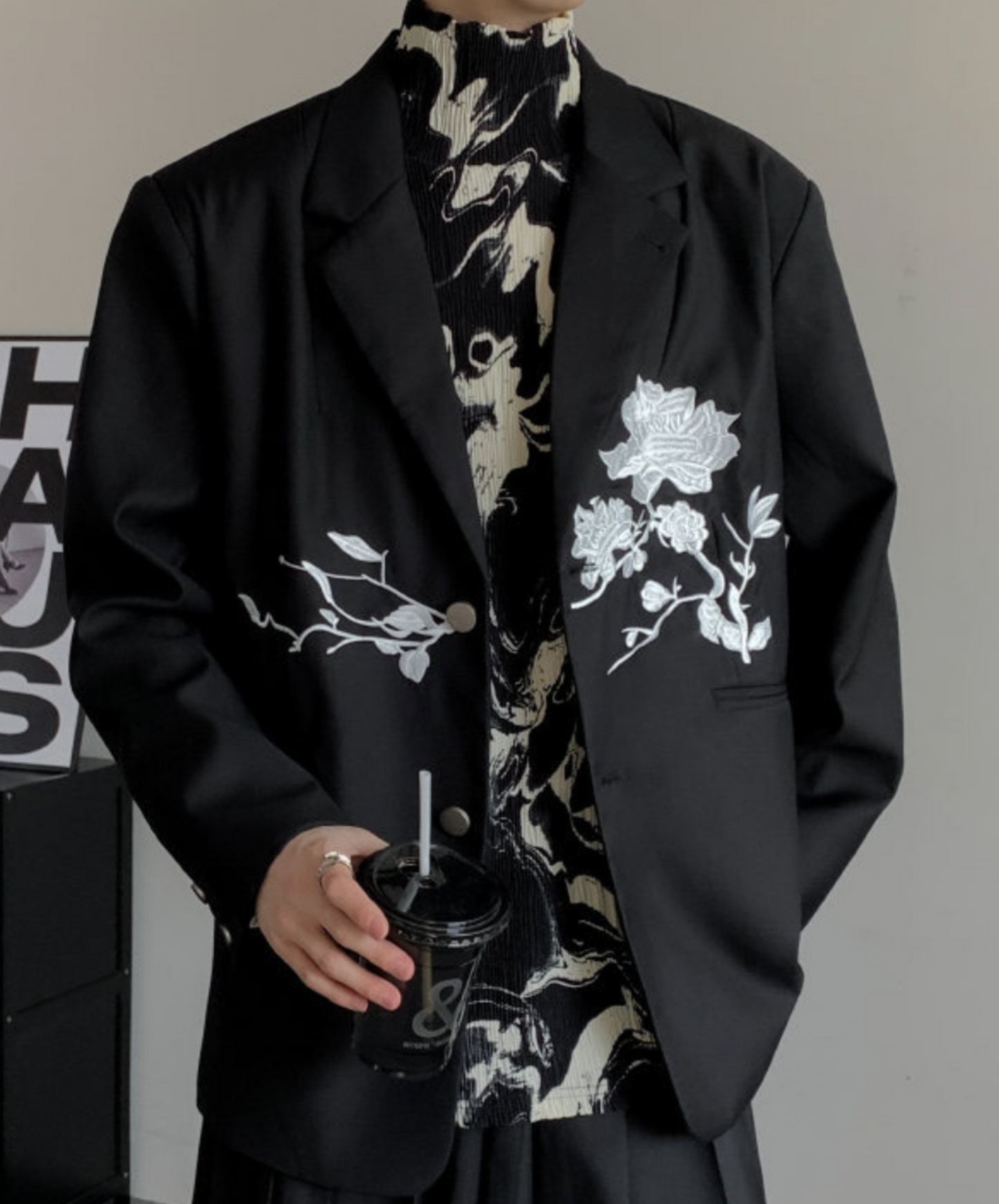 dark chinese style rose embroidery tailored jacket EN1535