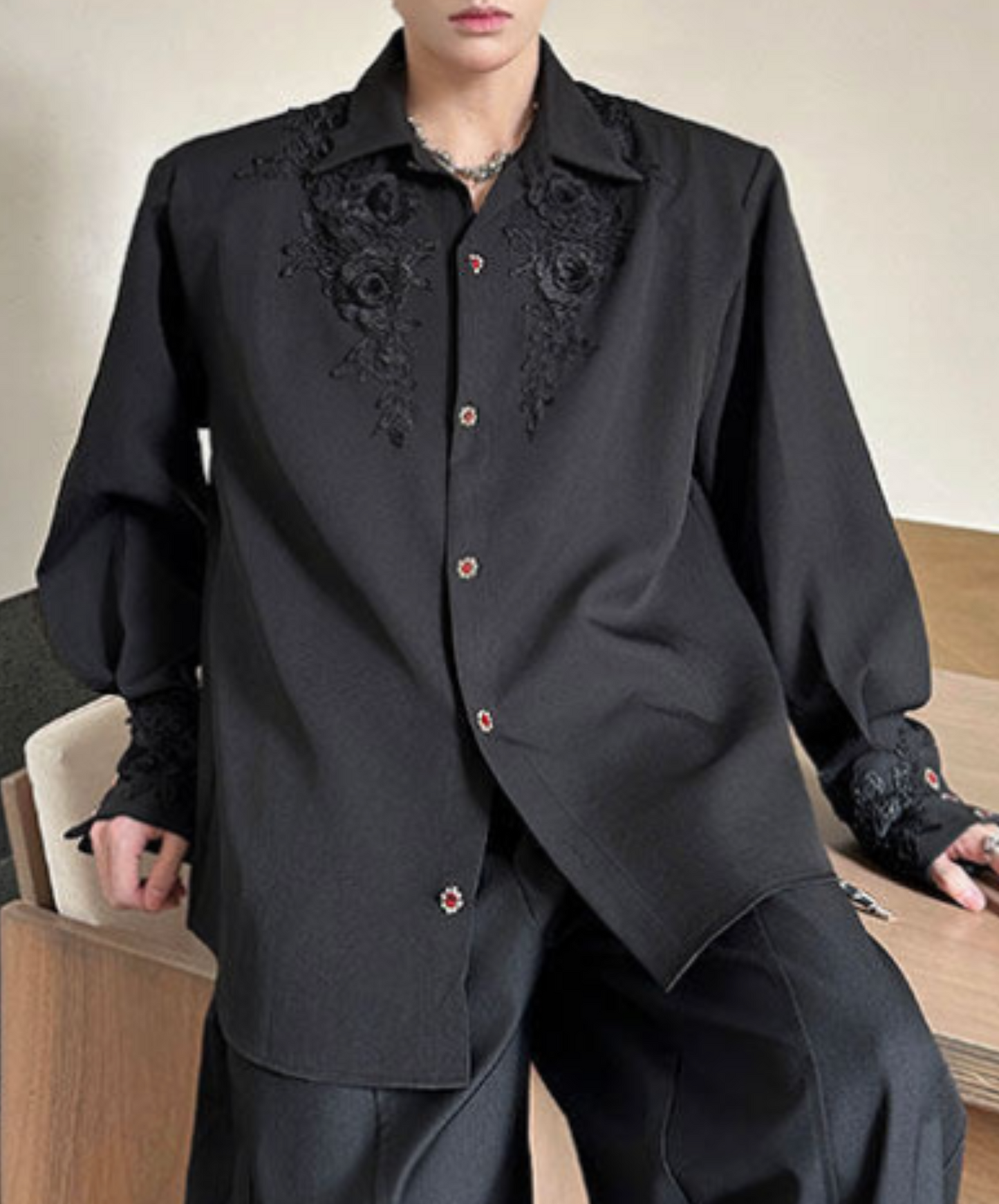 dark gorgeous 3d rose embroidery shirt EN2366