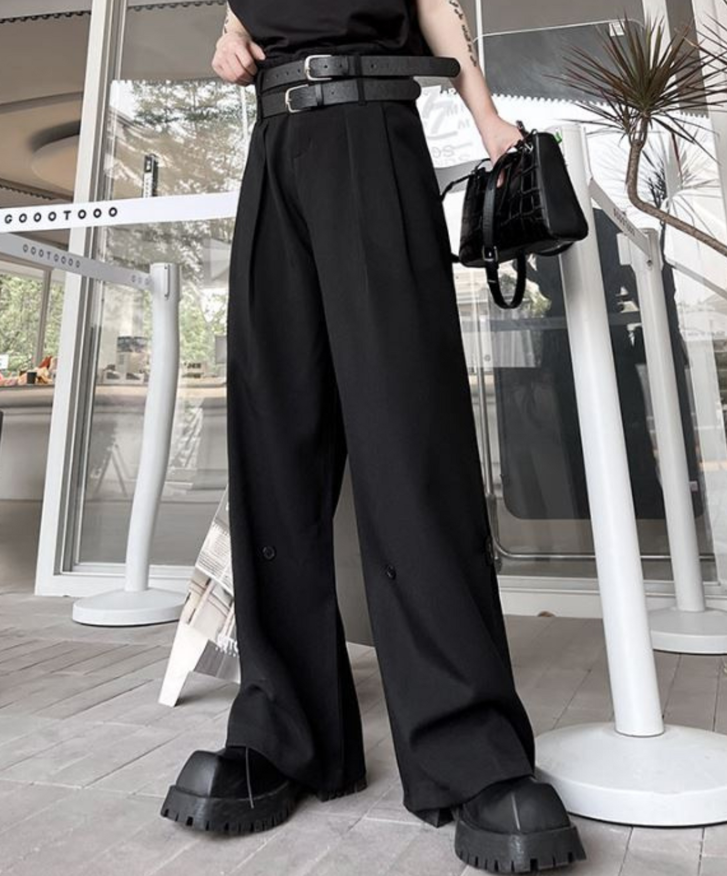 dark twin belt slacks pants EN977