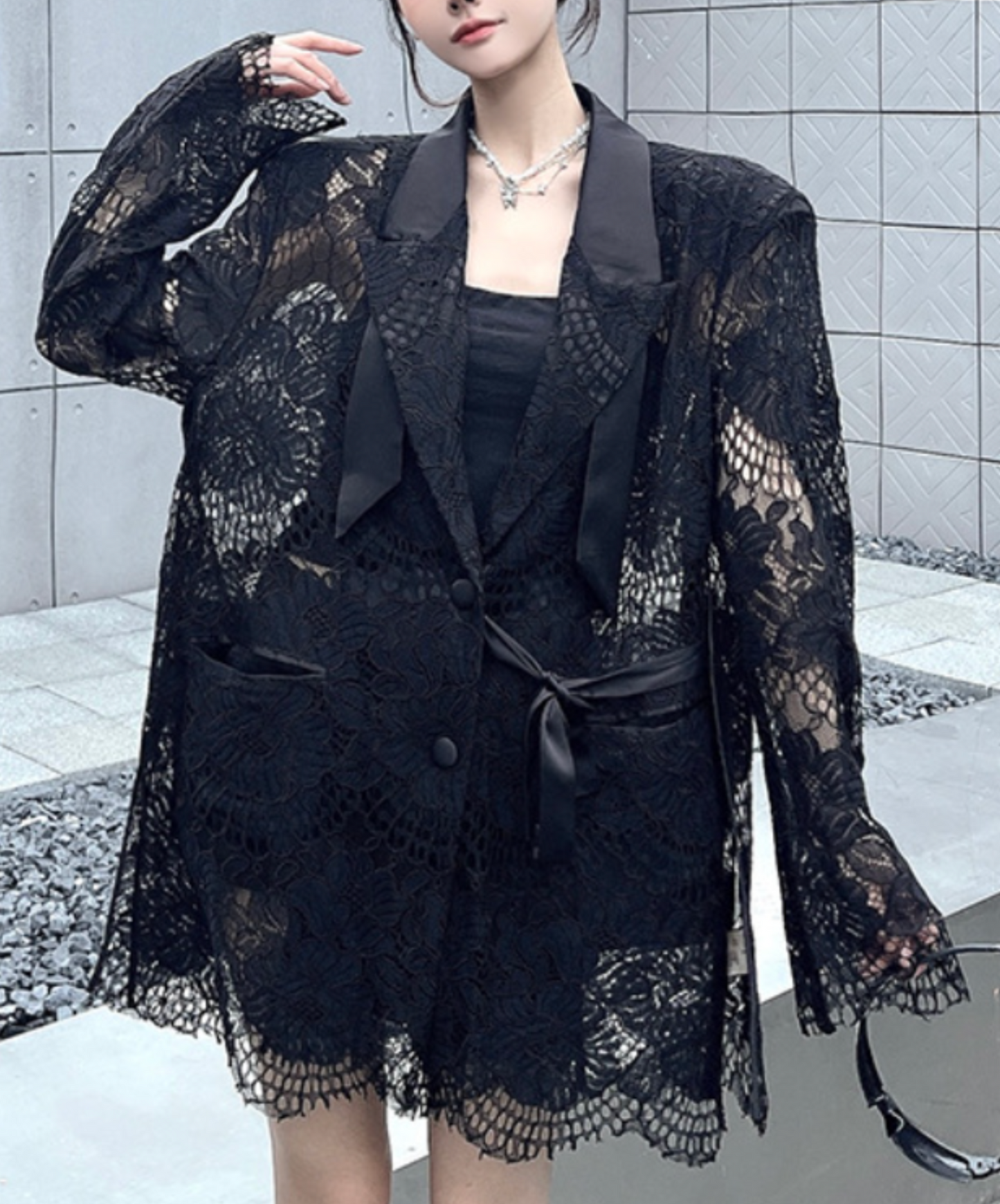 lace splicing ribbon jacket EN2328