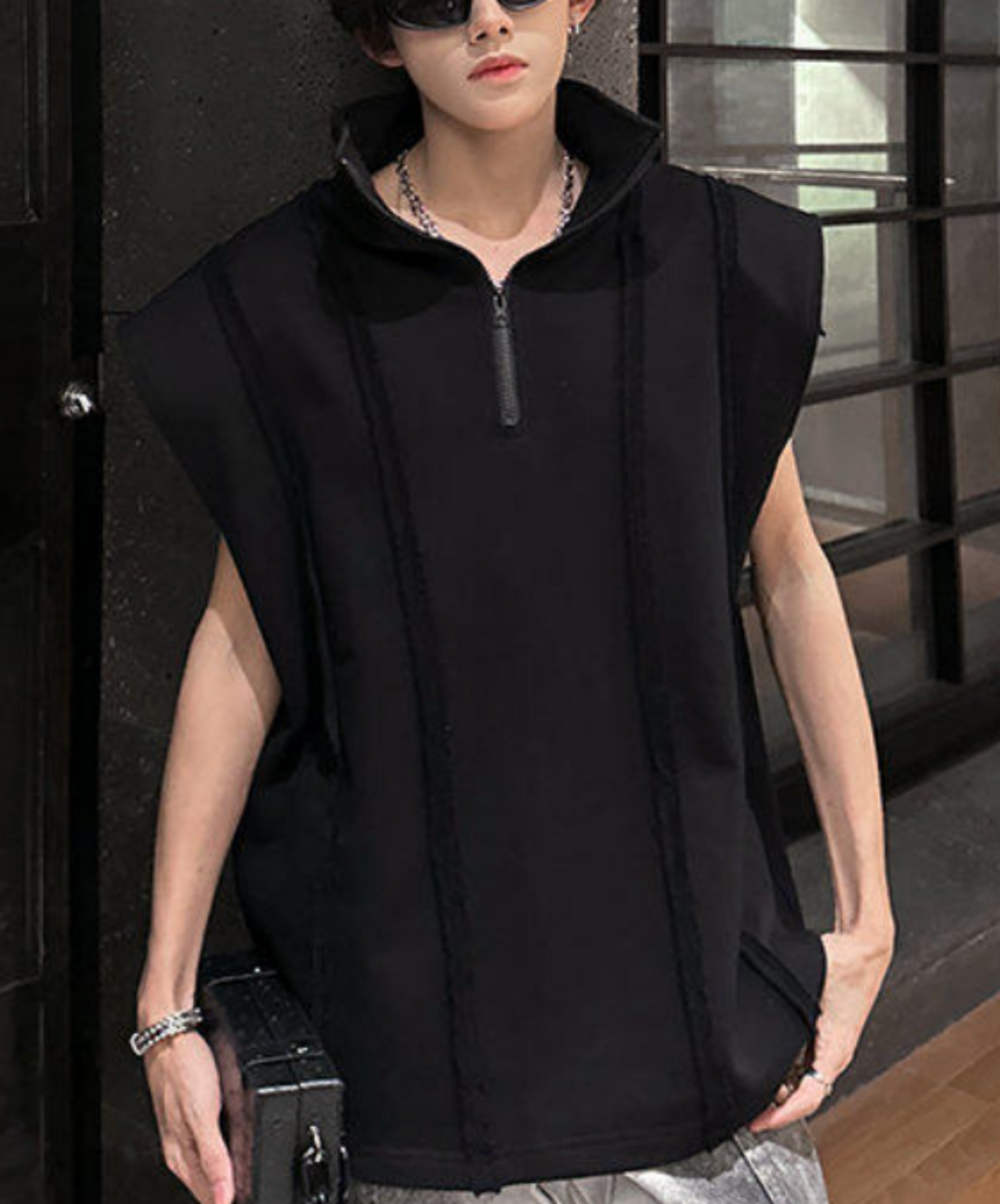 retro stripe half zip stand collar sleeveless shirt EN2193