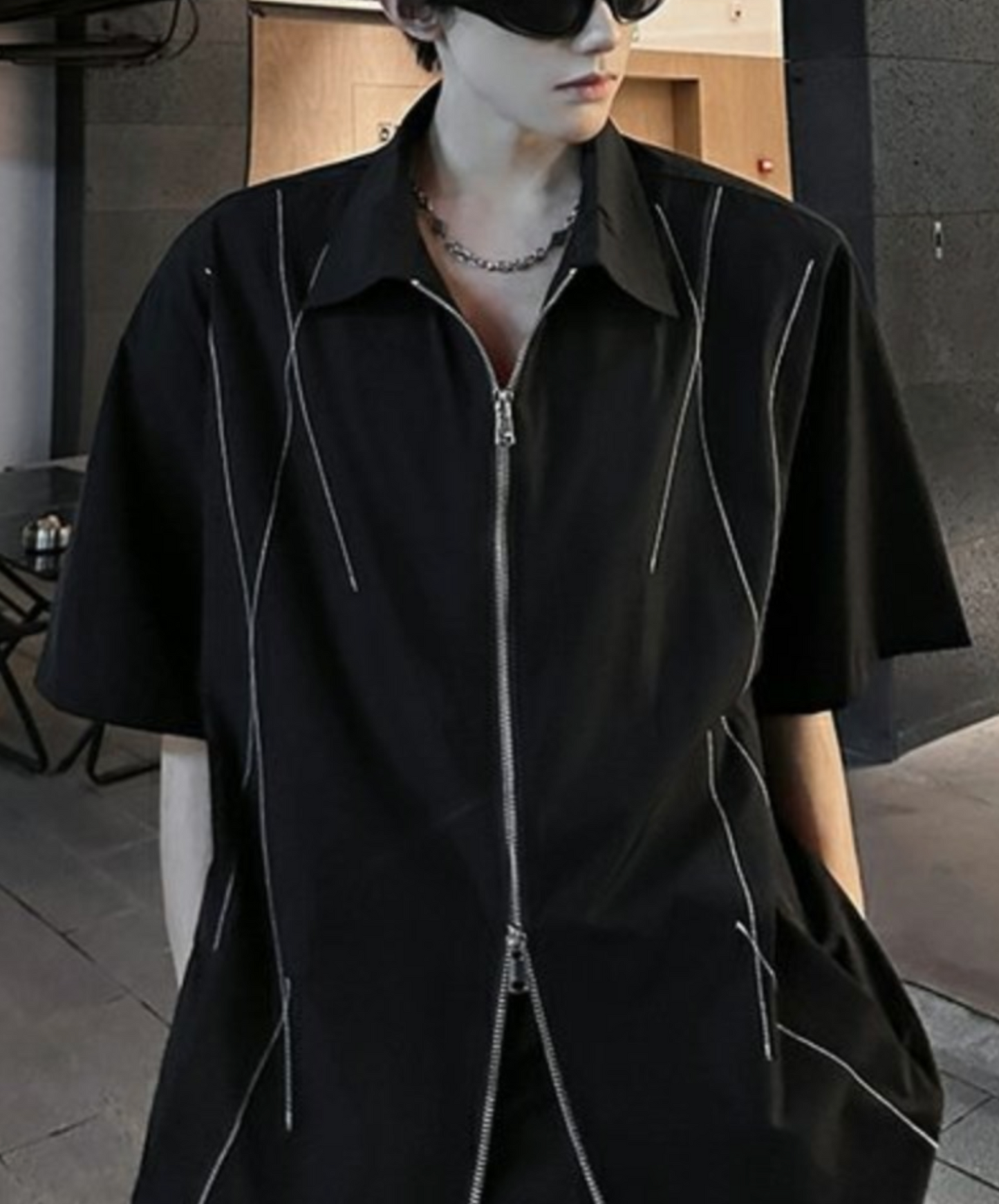 dark white line double zipper shirt EN2078