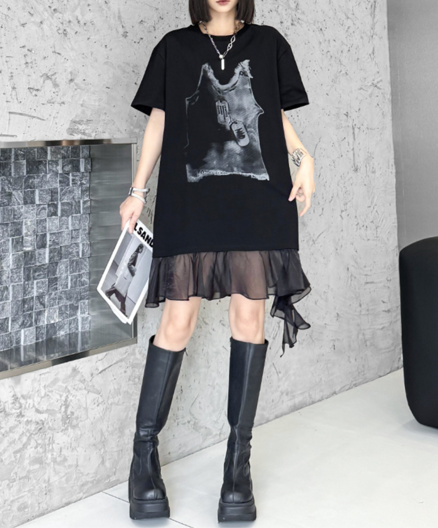 tulle ribbon print at hem t-shirt EN2307