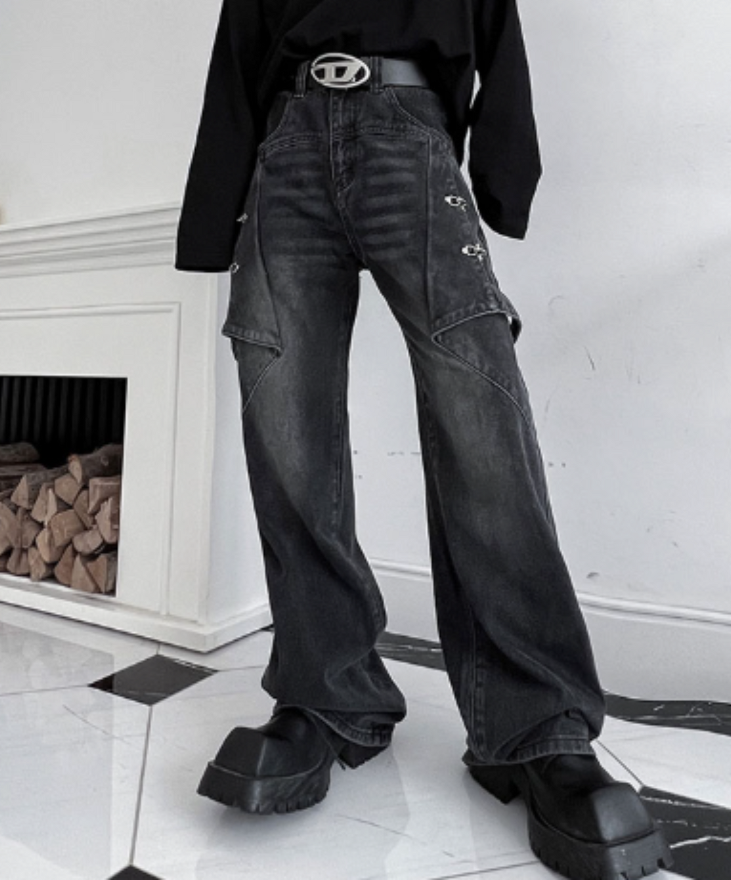 american retro distressed wash denim pants EN2118