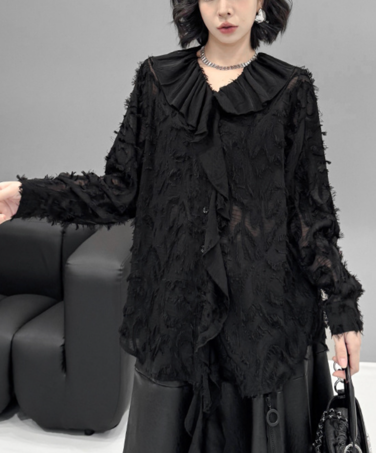 dark fringe lace & frills sheer shirt EN2318