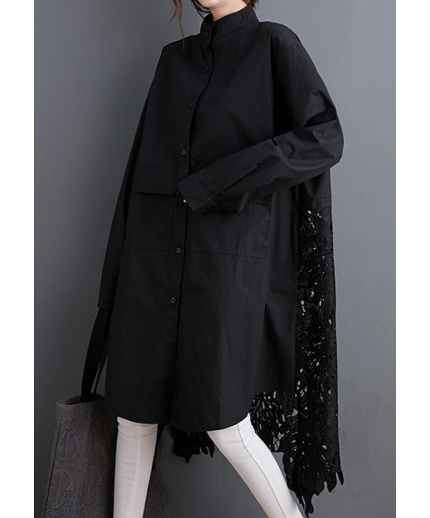 leaf motif lace fishtail long shirt EN2294