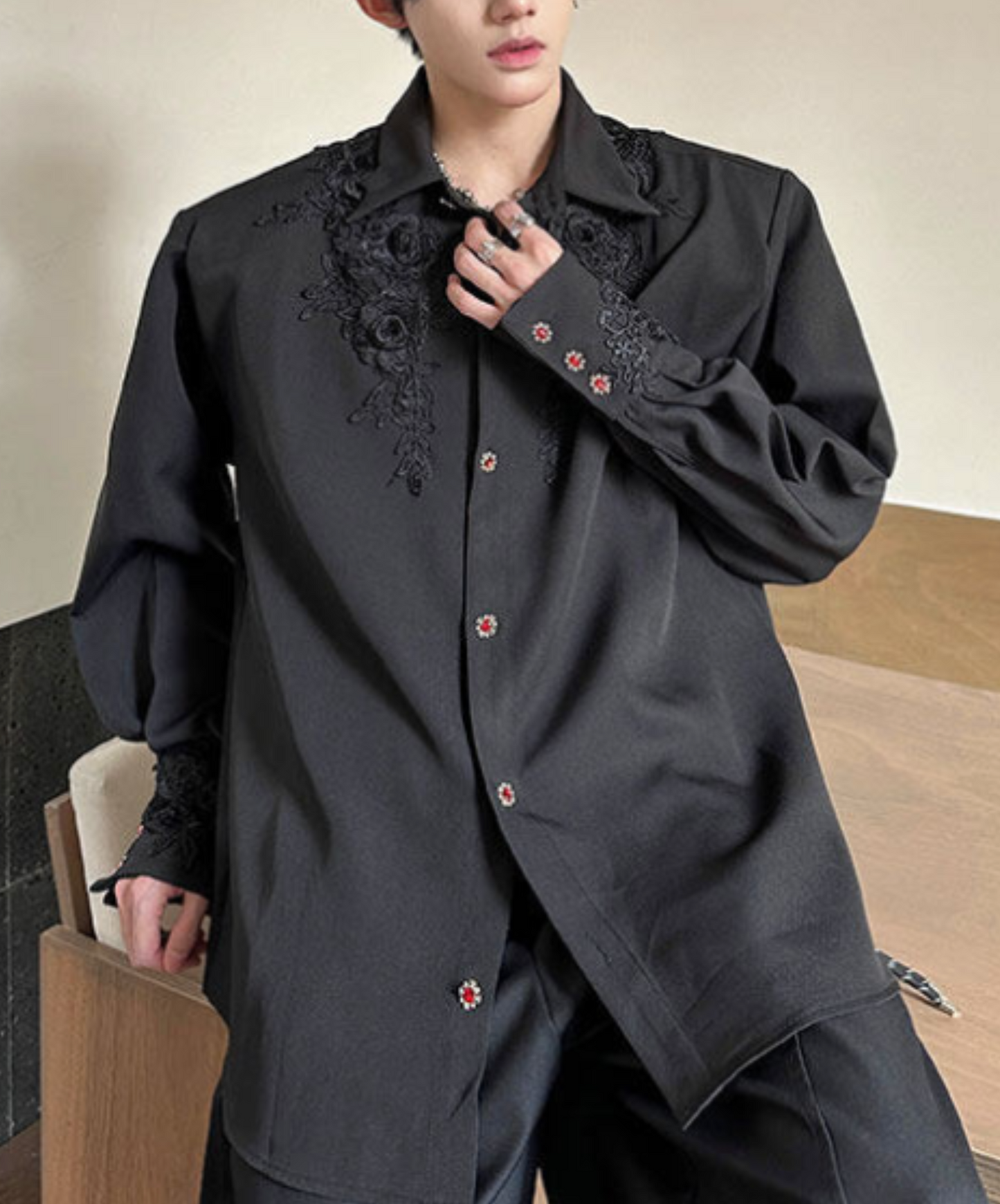 dark gorgeous 3d rose embroidery shirt EN2366