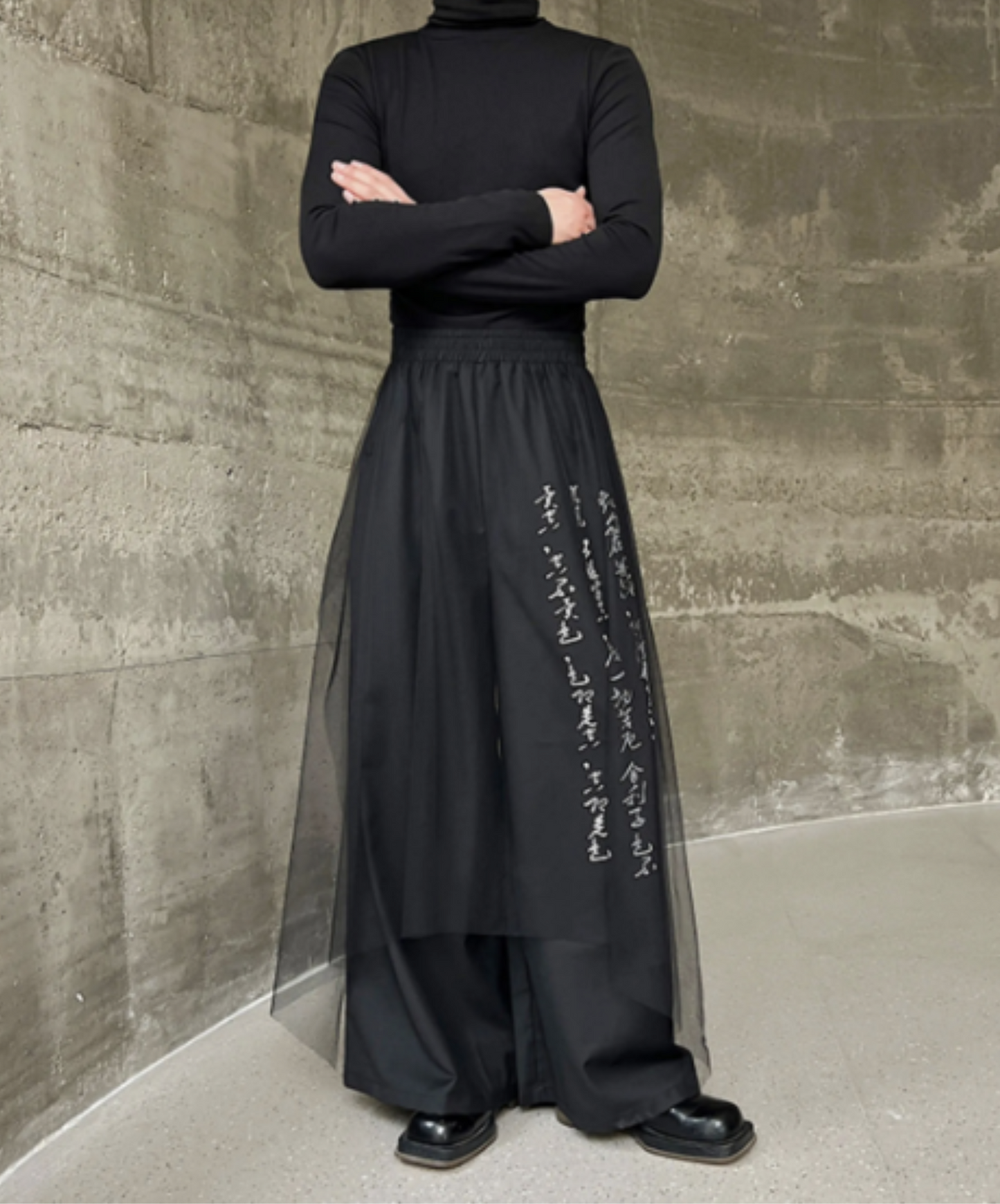 dark calligraphy layered mesh wide pants EN1167