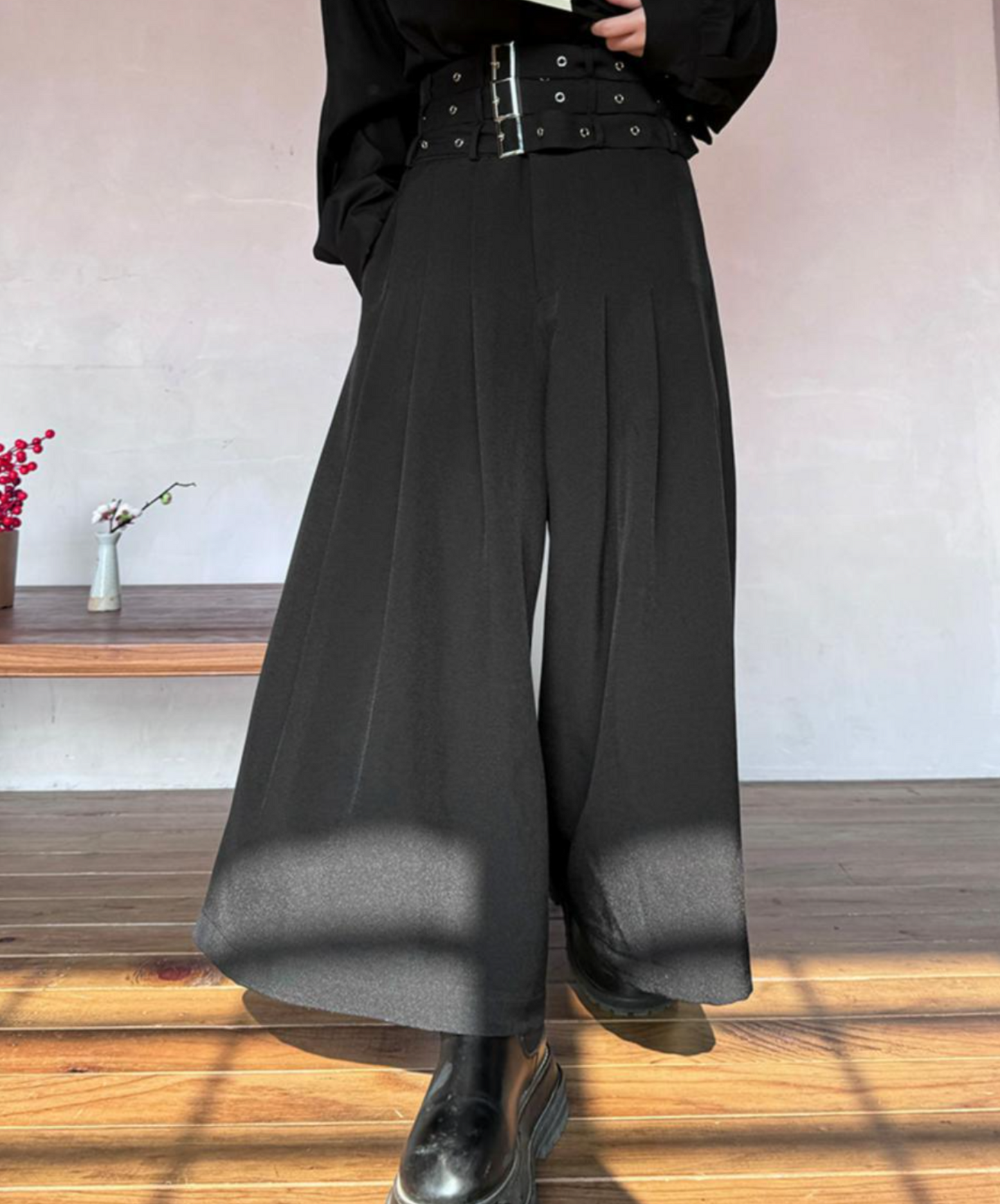 wide leg with three-stage belt long pants EN1526