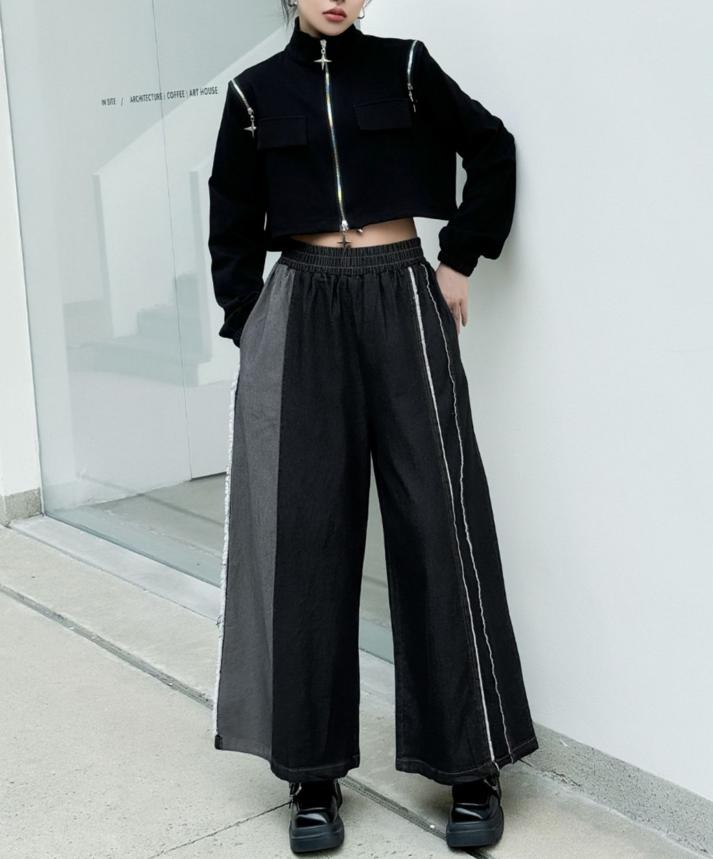 double white & fringe line wide pants EN2305