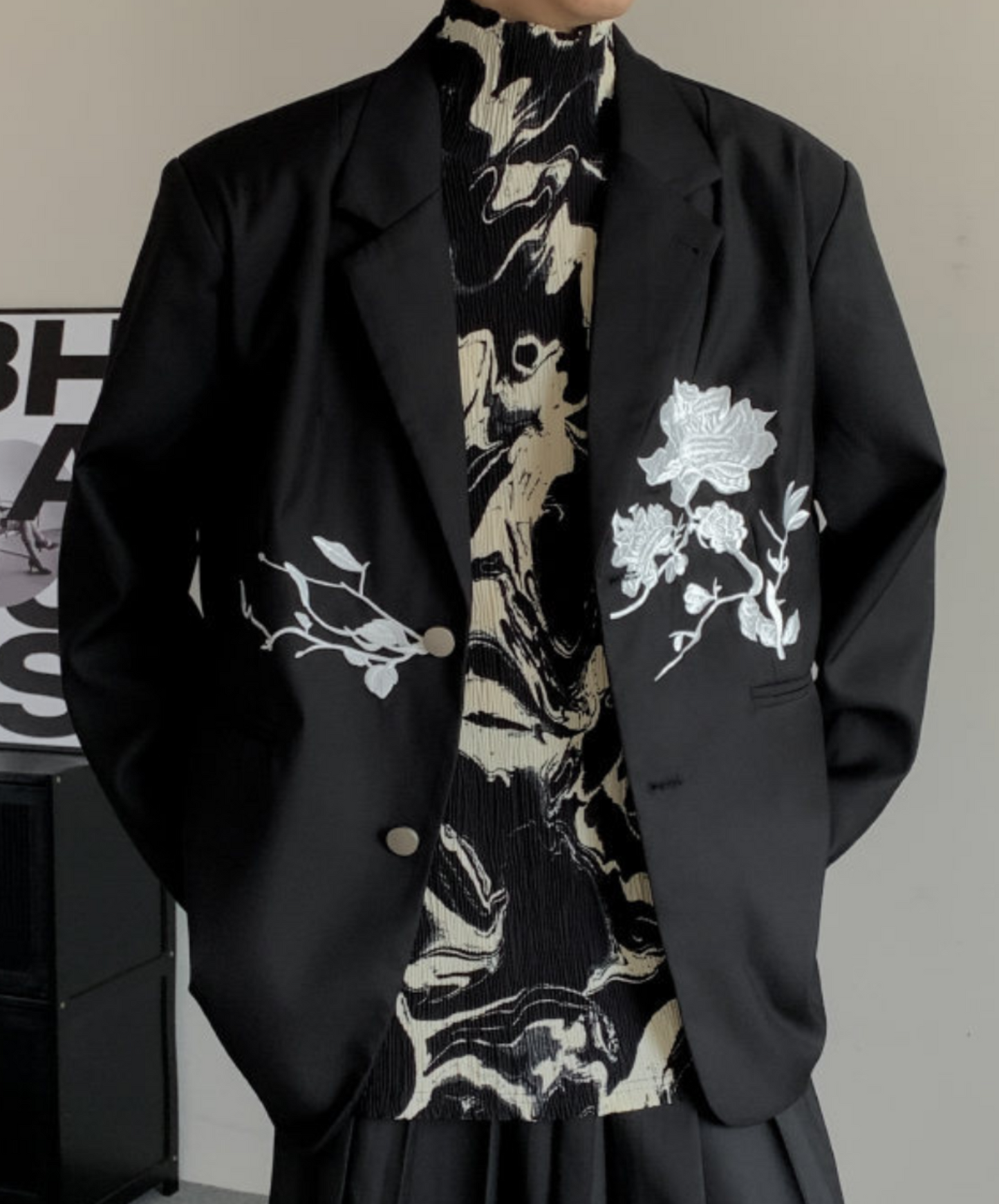 dark chinese style rose embroidery tailored jacket EN1535