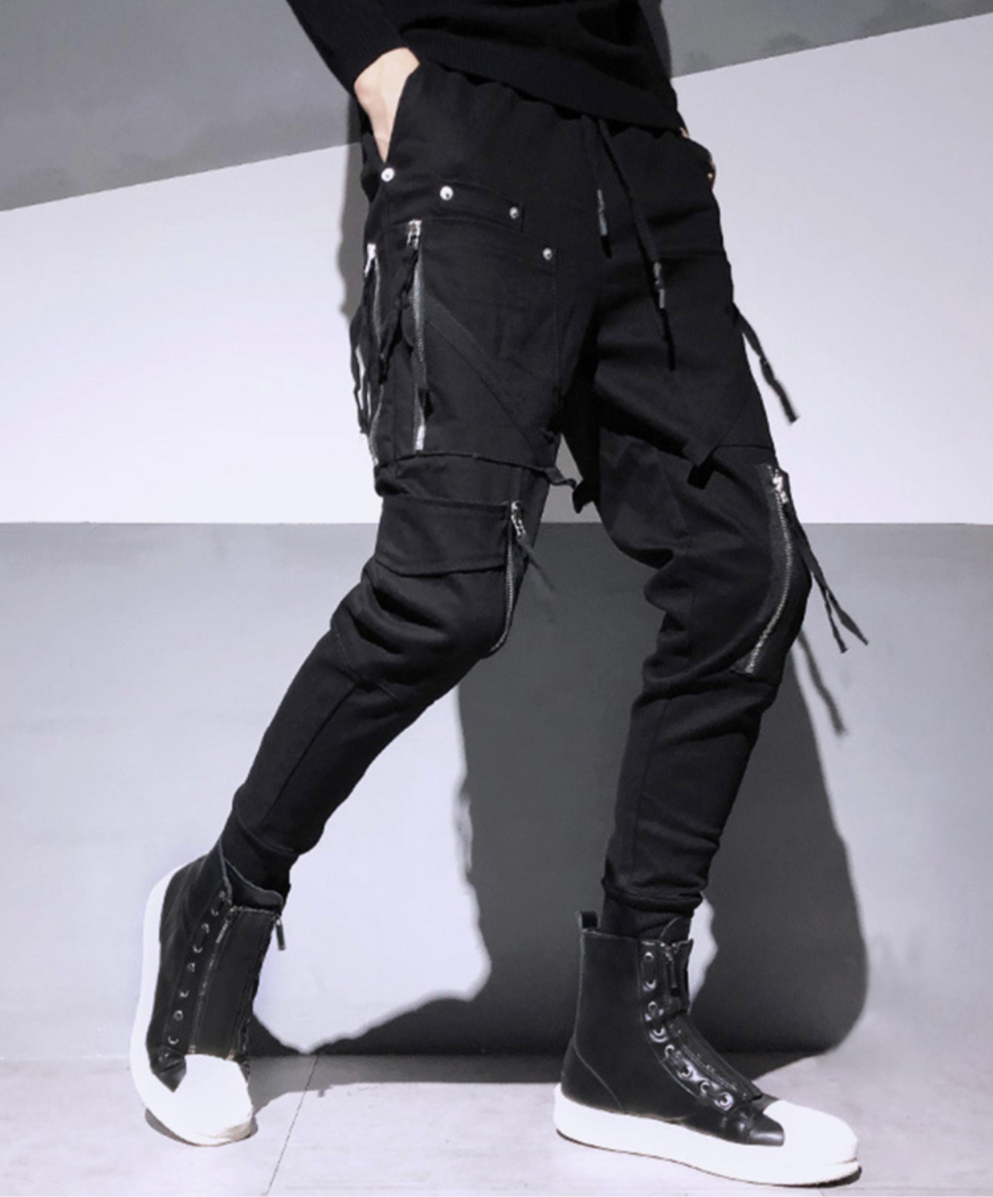 dark fringe x zipper x rivet decoration cargo pants EN2201