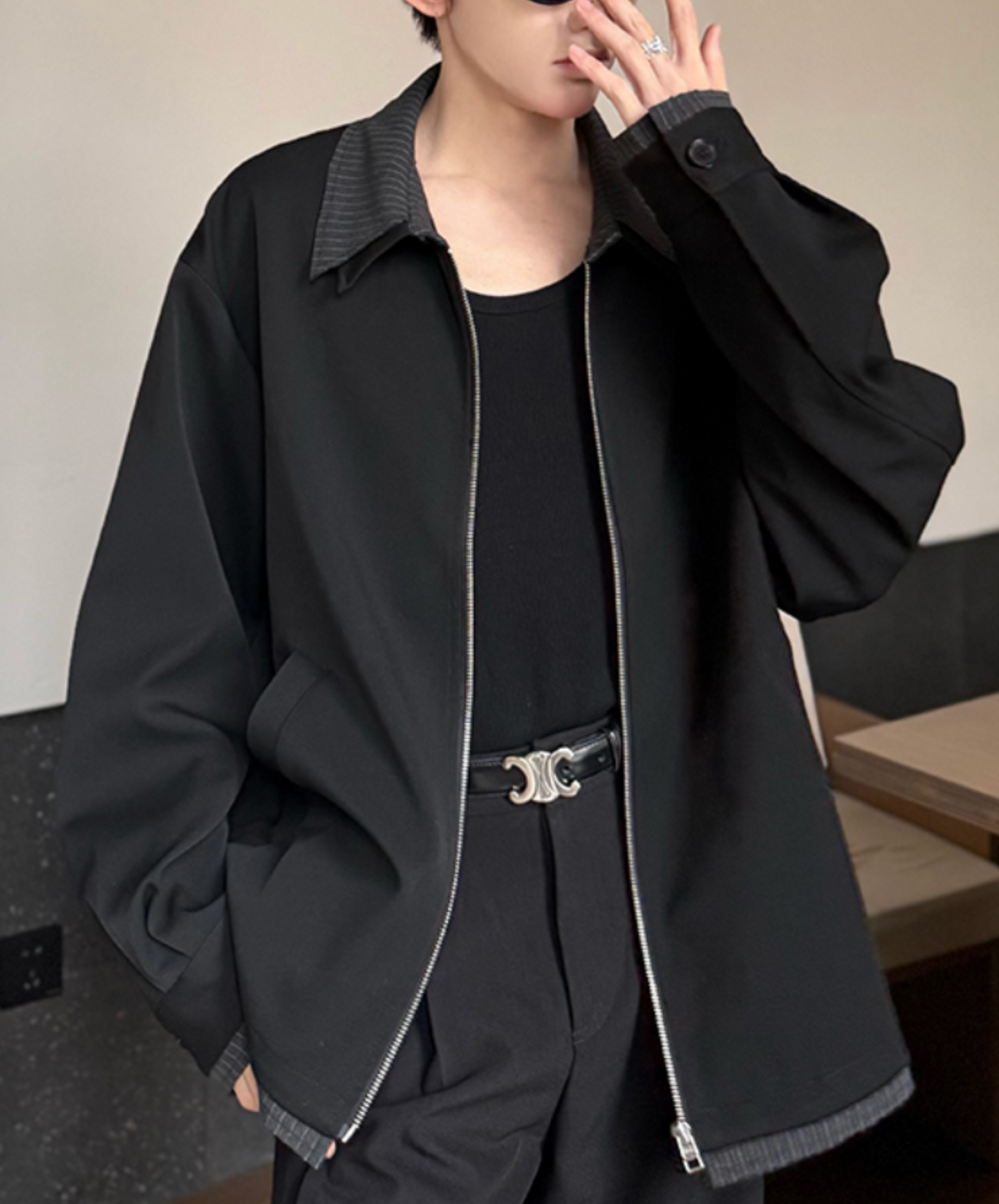 stitched contrast double collar jacket EN2015