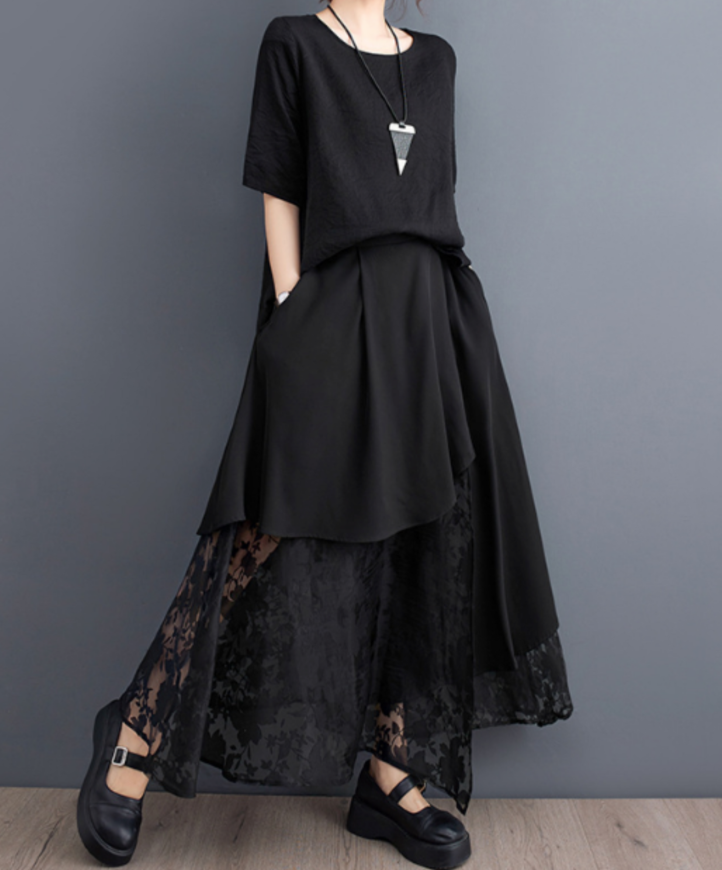 mixed material lacy a-line long skirt EN1957