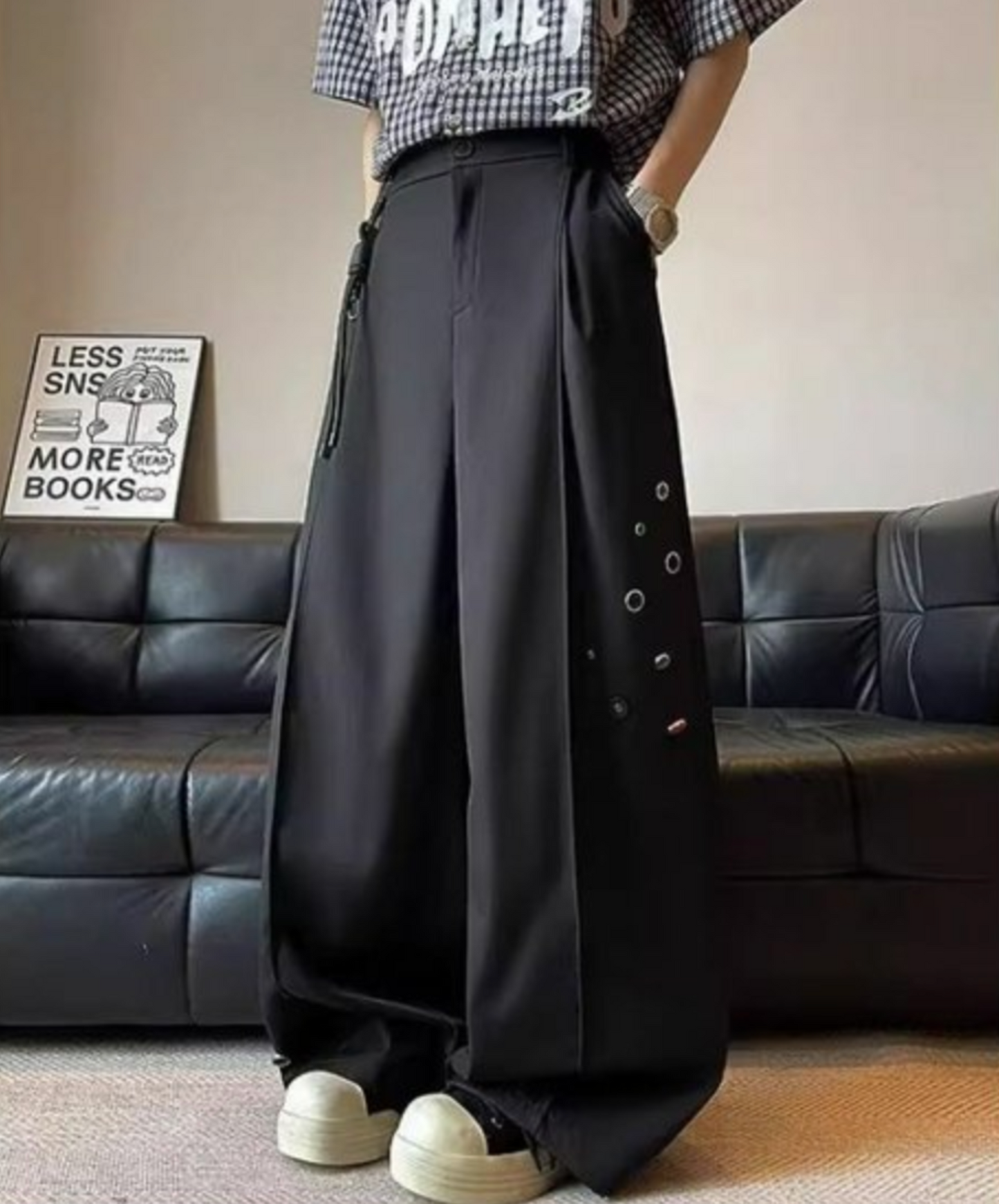 random button decorative drape wide pants EN2293