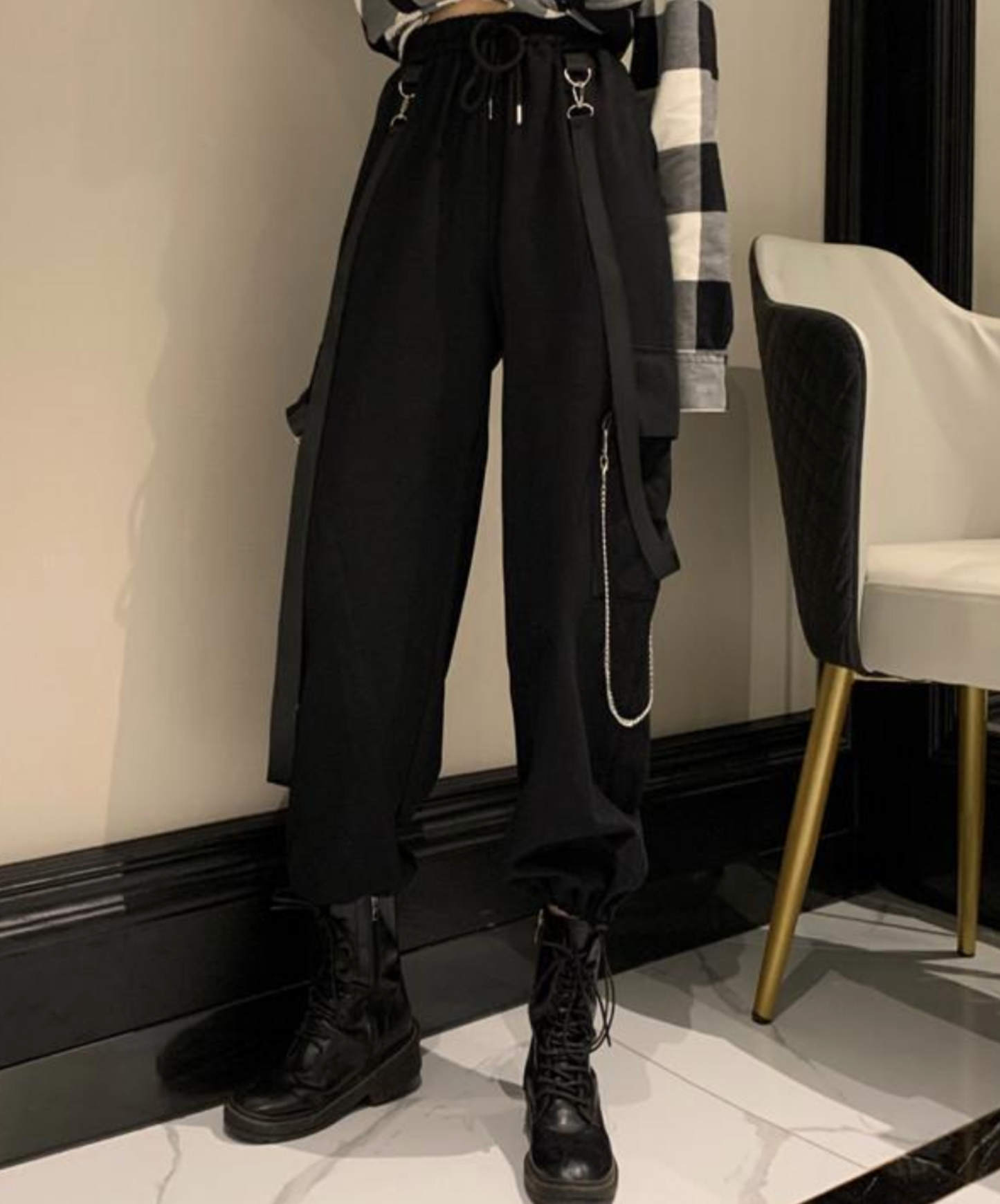 long belt and silver chain cargo pants EN2040