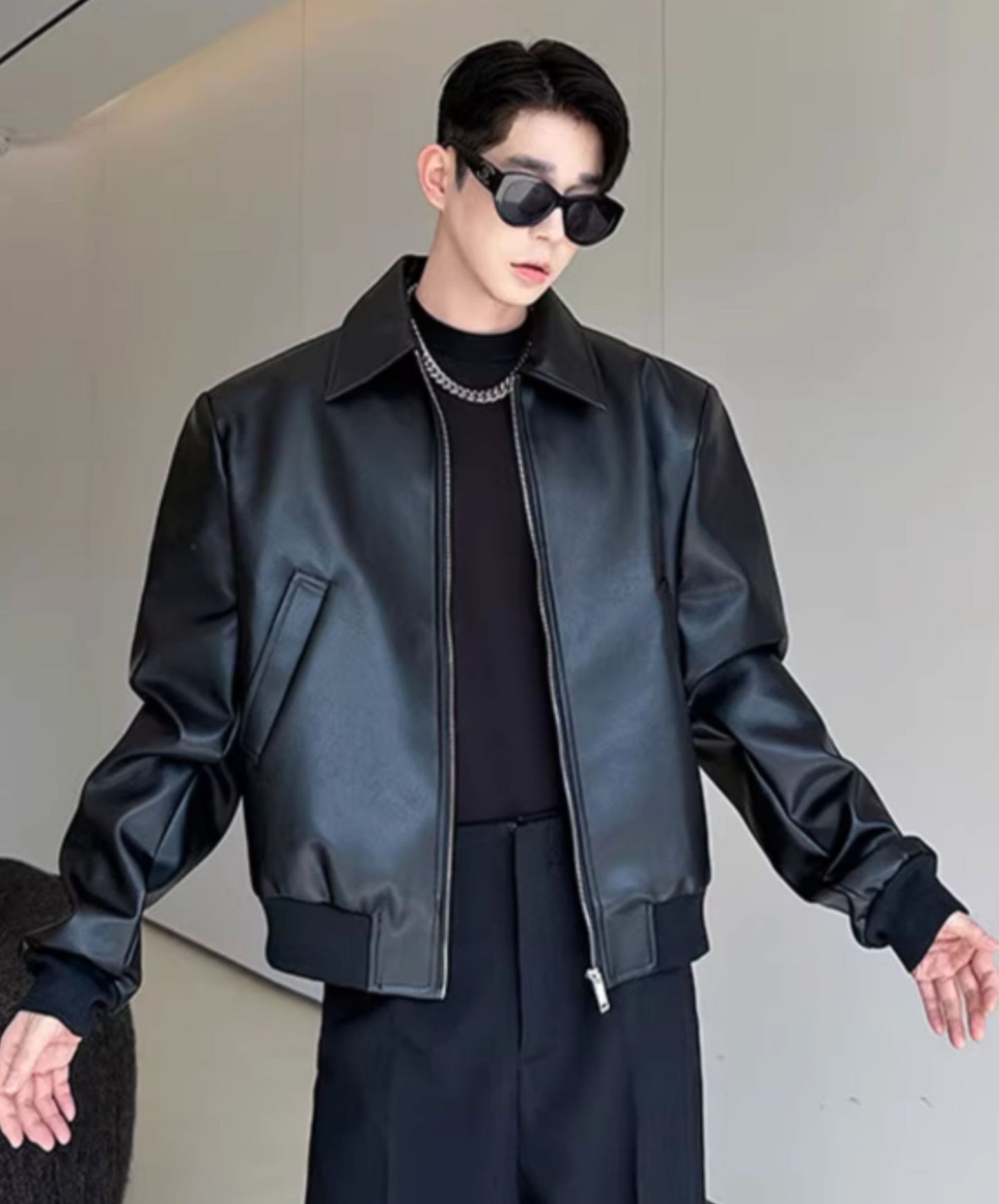 pu leather rib jacket EN2462