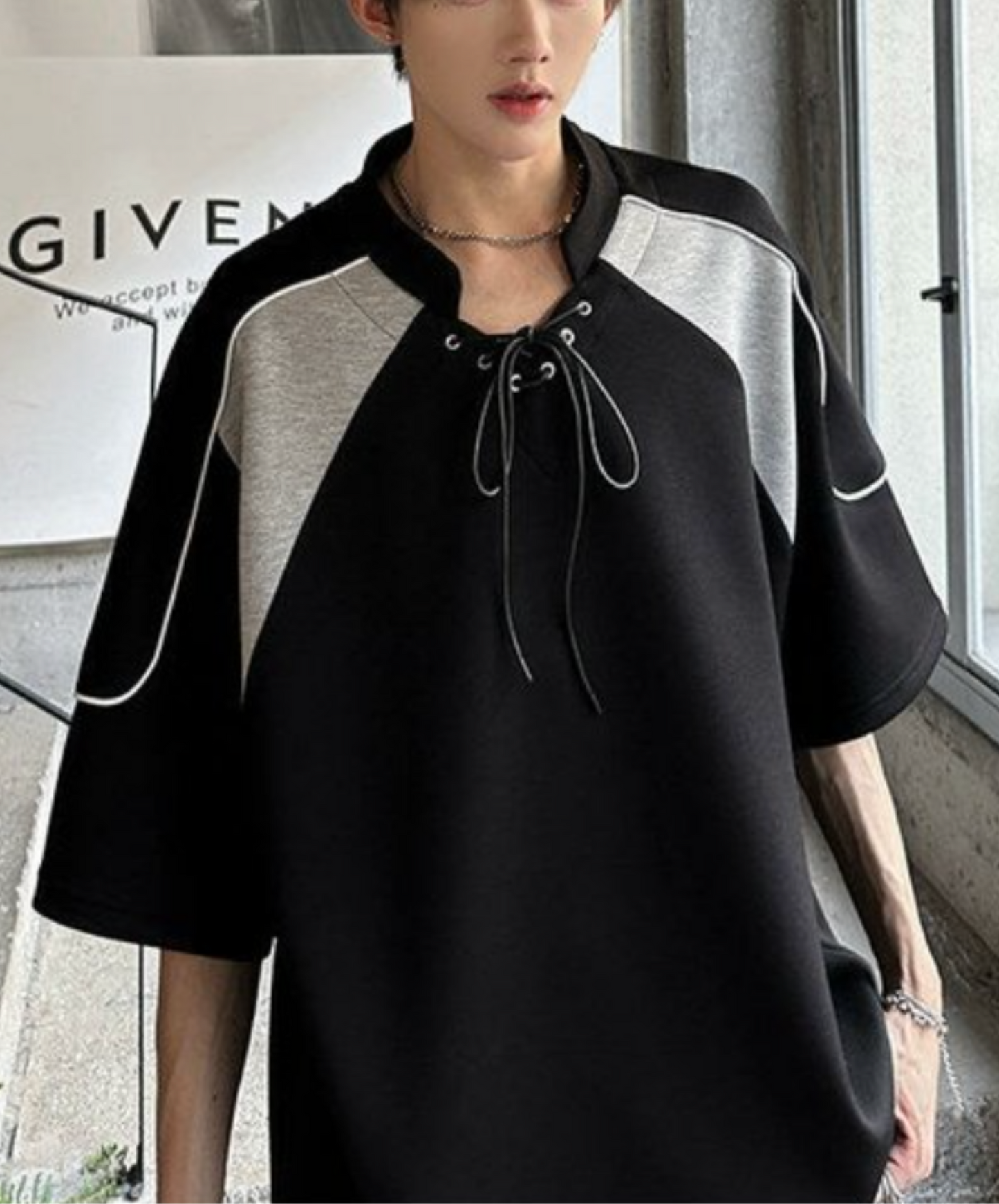 contrast stitched drawstring t-shirt EN2203