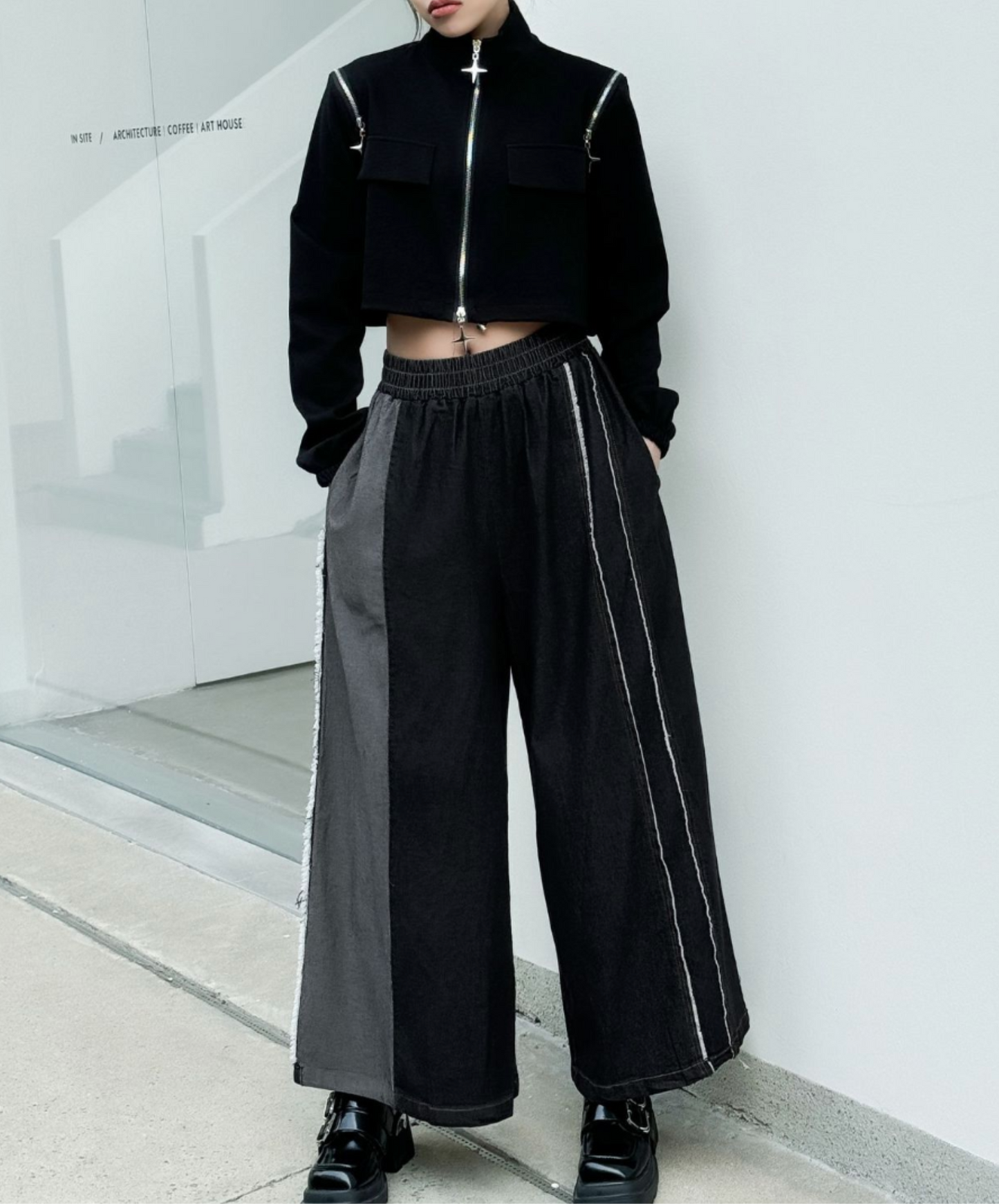 double white & fringe line wide pants EN2305