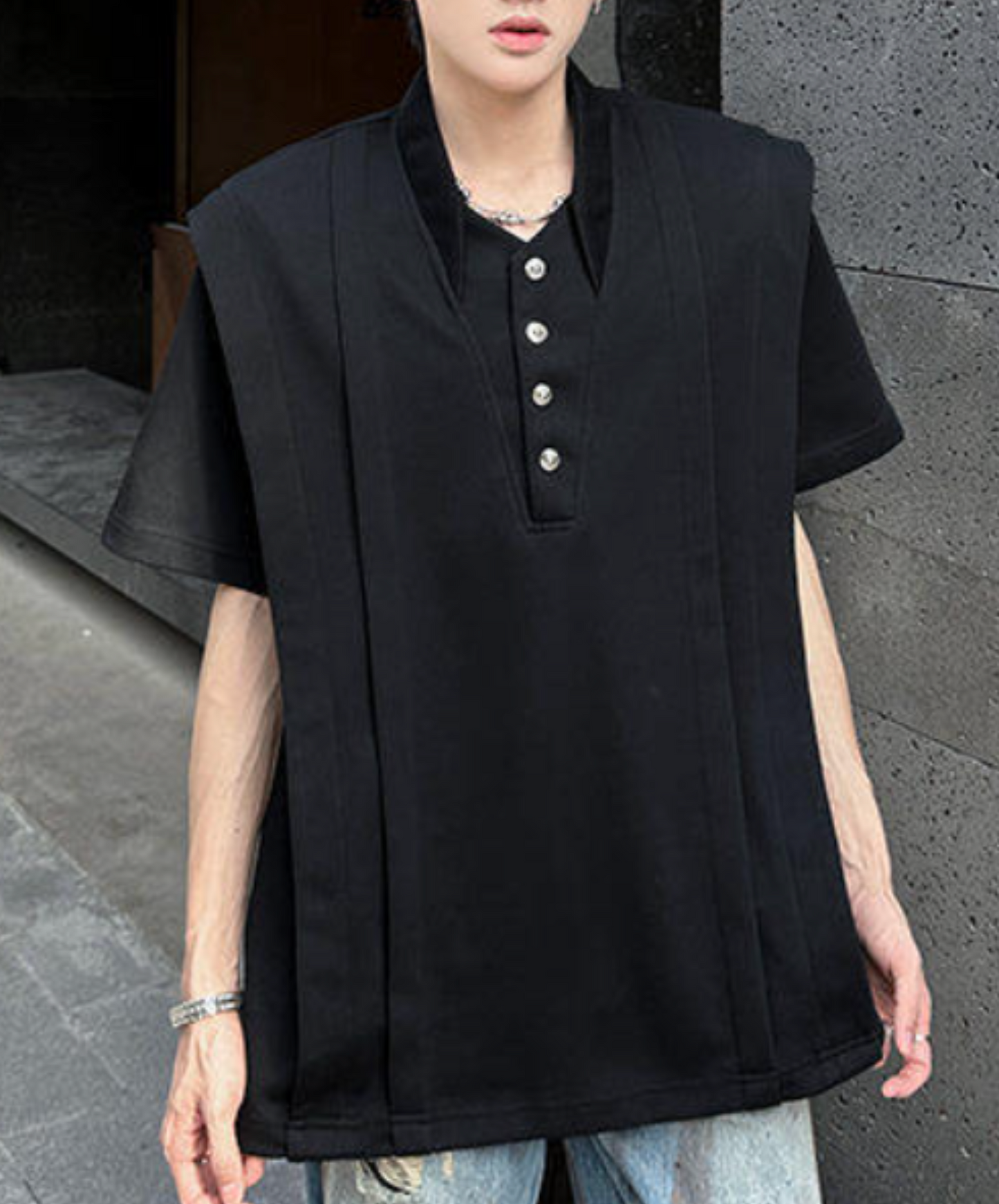 v-neck stand-up collar pleated t-shirt EN2189