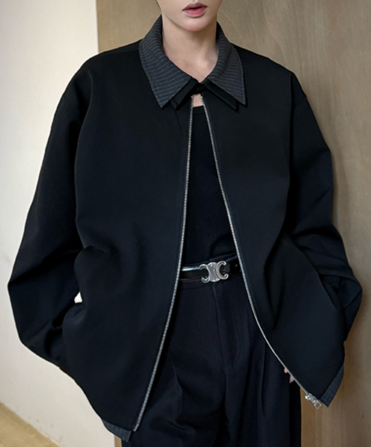 stitched contrast double collar jacket EN2015