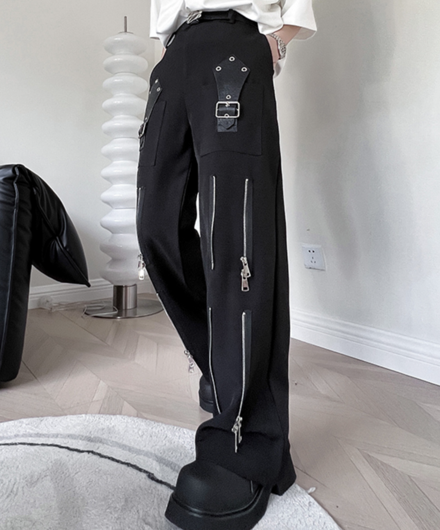 dark deformed zip-up leather buckle flare pants EN1817