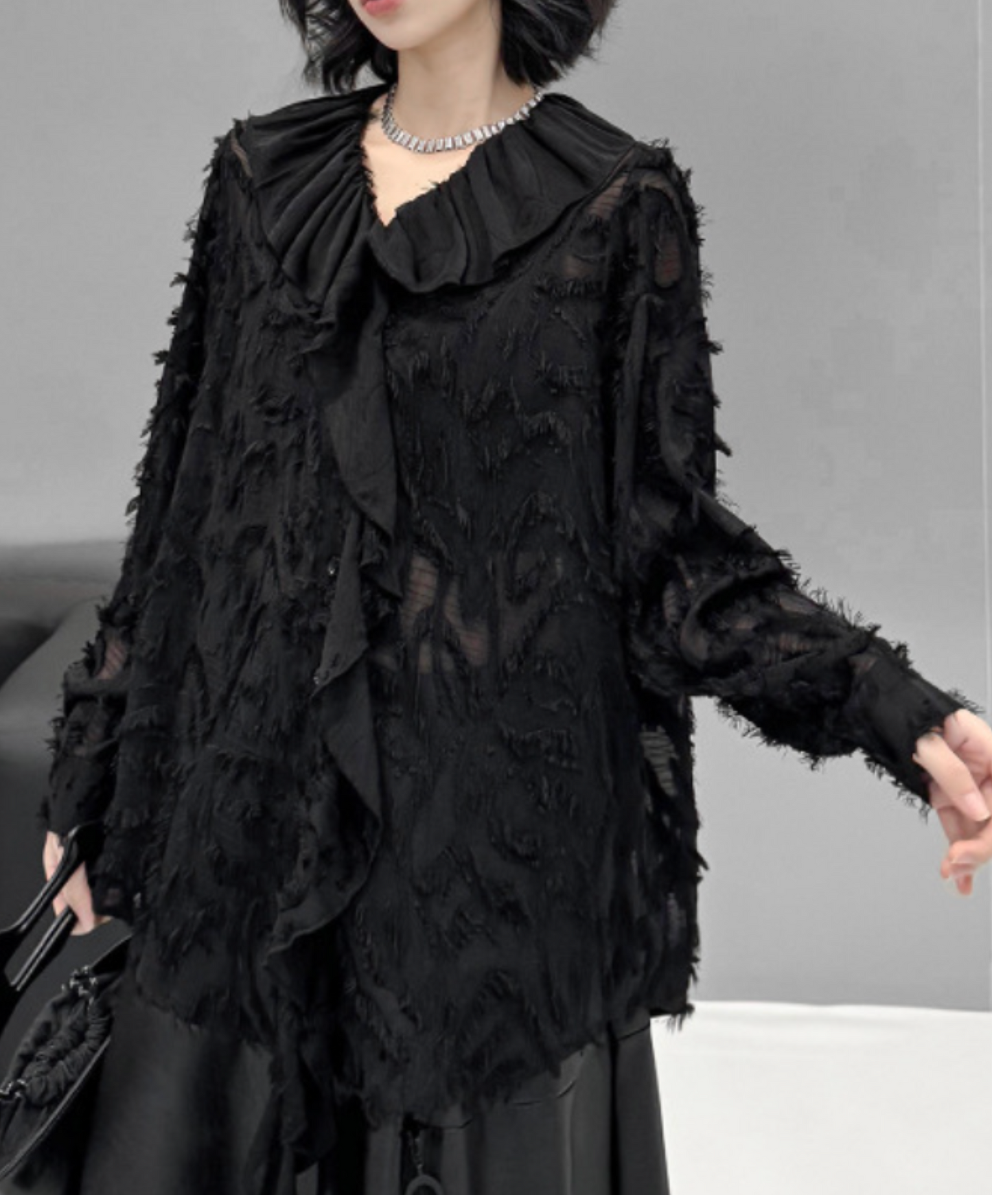 dark fringe lace & frills sheer shirt EN2318